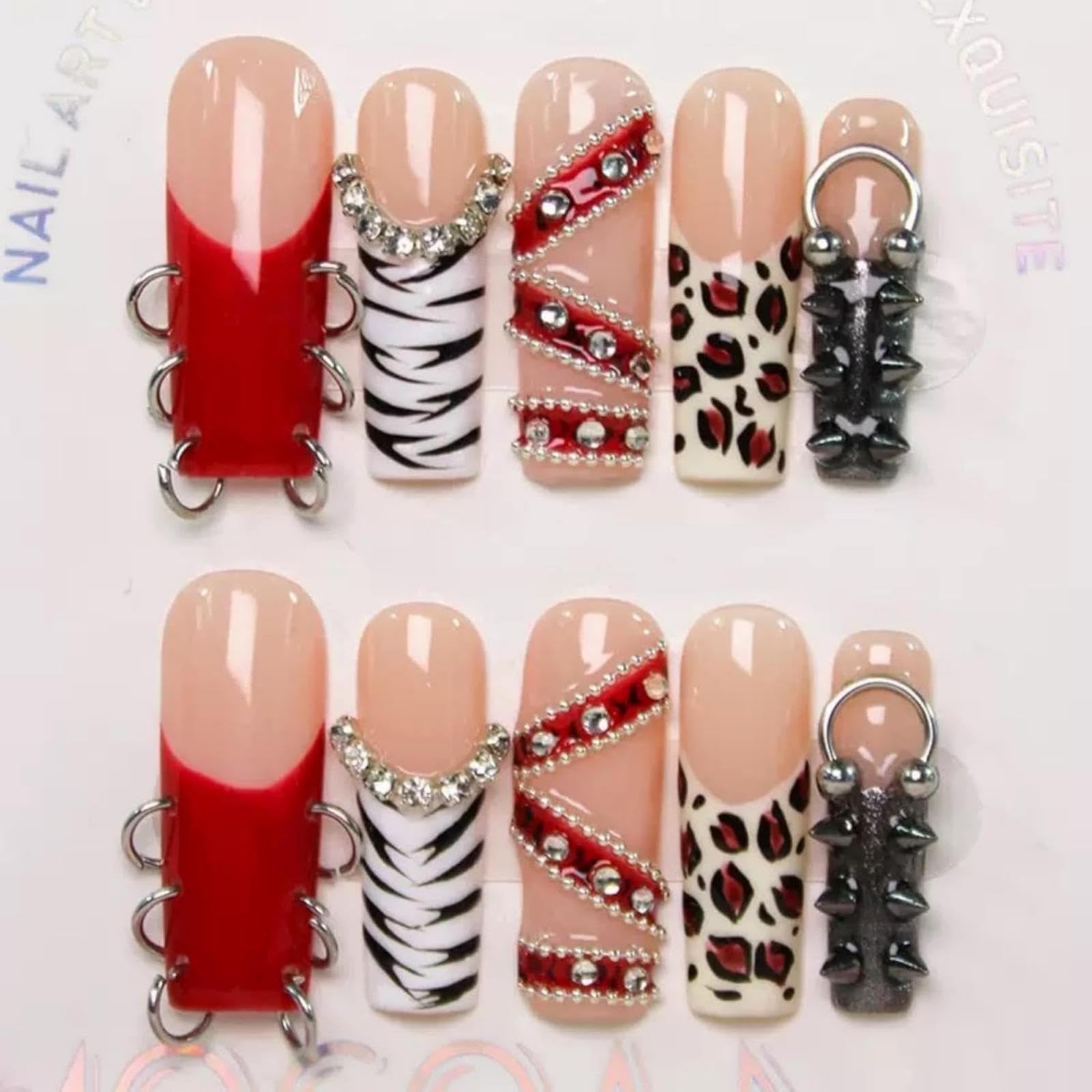 Maigitur 5D press-on nails with red French tip and leopard rhinestones.