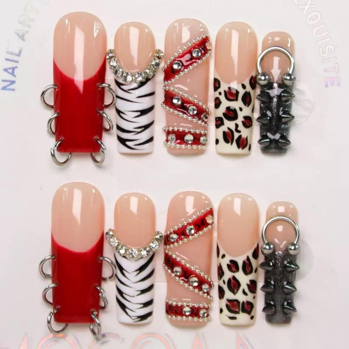 Maigitur 5D press-on nails with red French tip and leopard rhinestones.