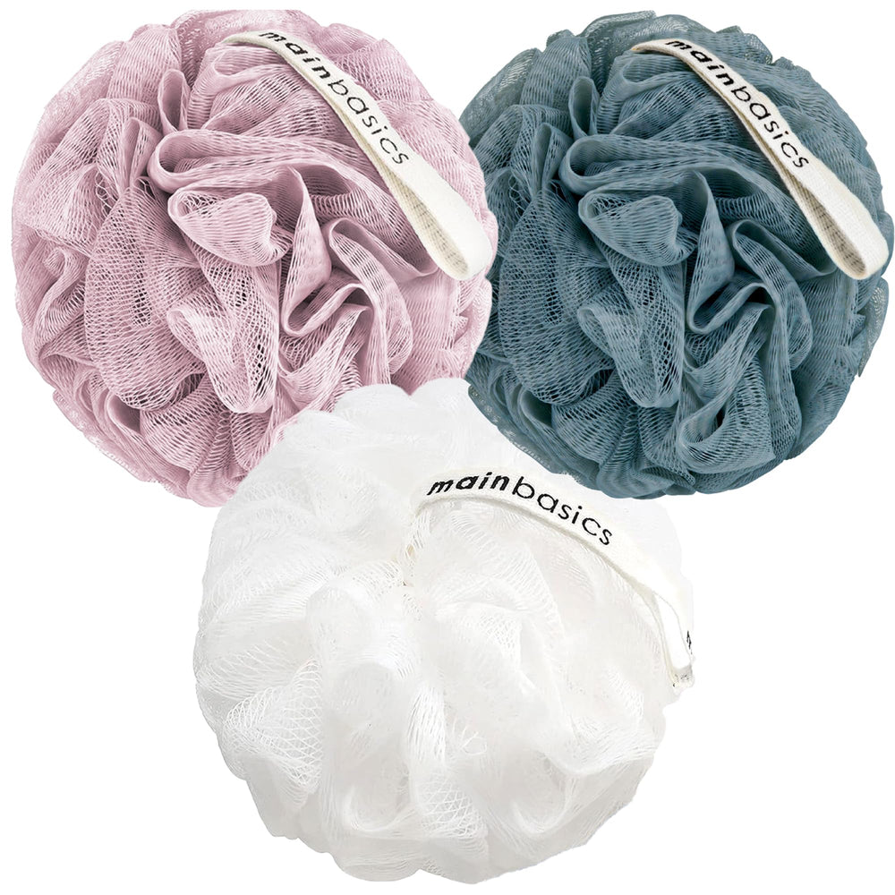 MainBasics Airy Blossom loofah set shown as triple-pack for gentle exfoliation