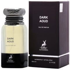 Maison Alhambra Dark Aoud bottle detail highlights spicy notes and dark woods.
