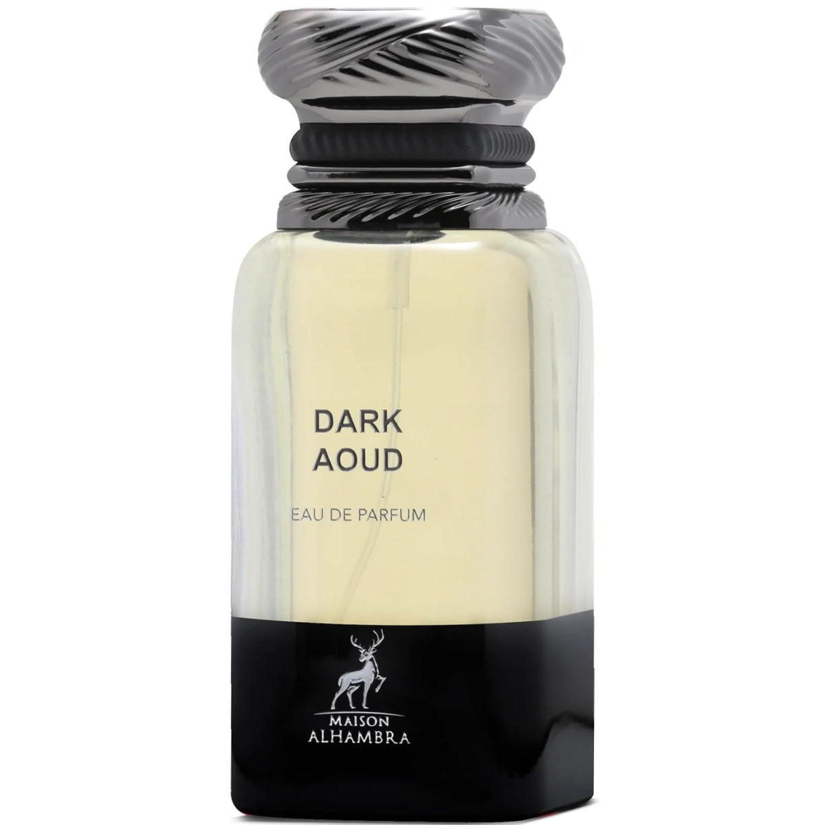 Maison Alhambra Dark Aoud bottle front shows a bold unisex scent for evening wear.
