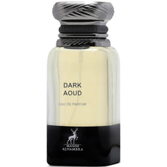 Maison Alhambra Dark Aoud bottle front shows a bold unisex scent for evening wear.