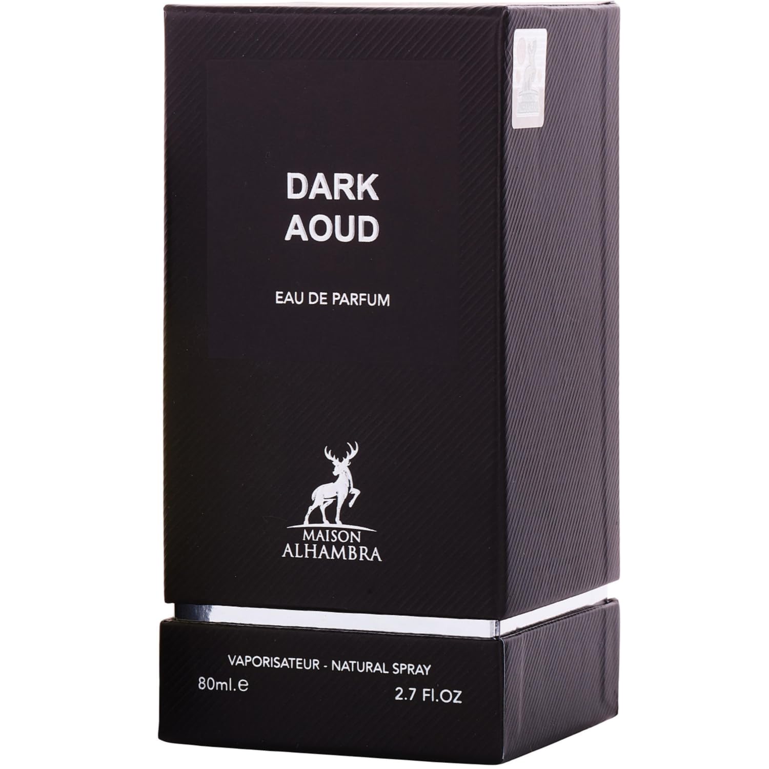 Maison Alhambra Dark Aoud packaging box communicates luxury gifting appeal.