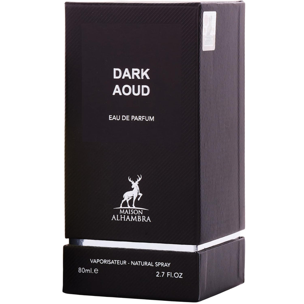 Maison Alhambra Dark Aoud packaging box communicates luxury gifting appeal.