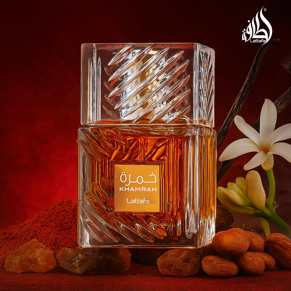 Khamrah bottle rests on a minimalist surface for everyday elegance.