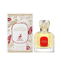 Maison Alhambra La Rouge Baroque bottle closeup highlighting premium glass and scent depth.