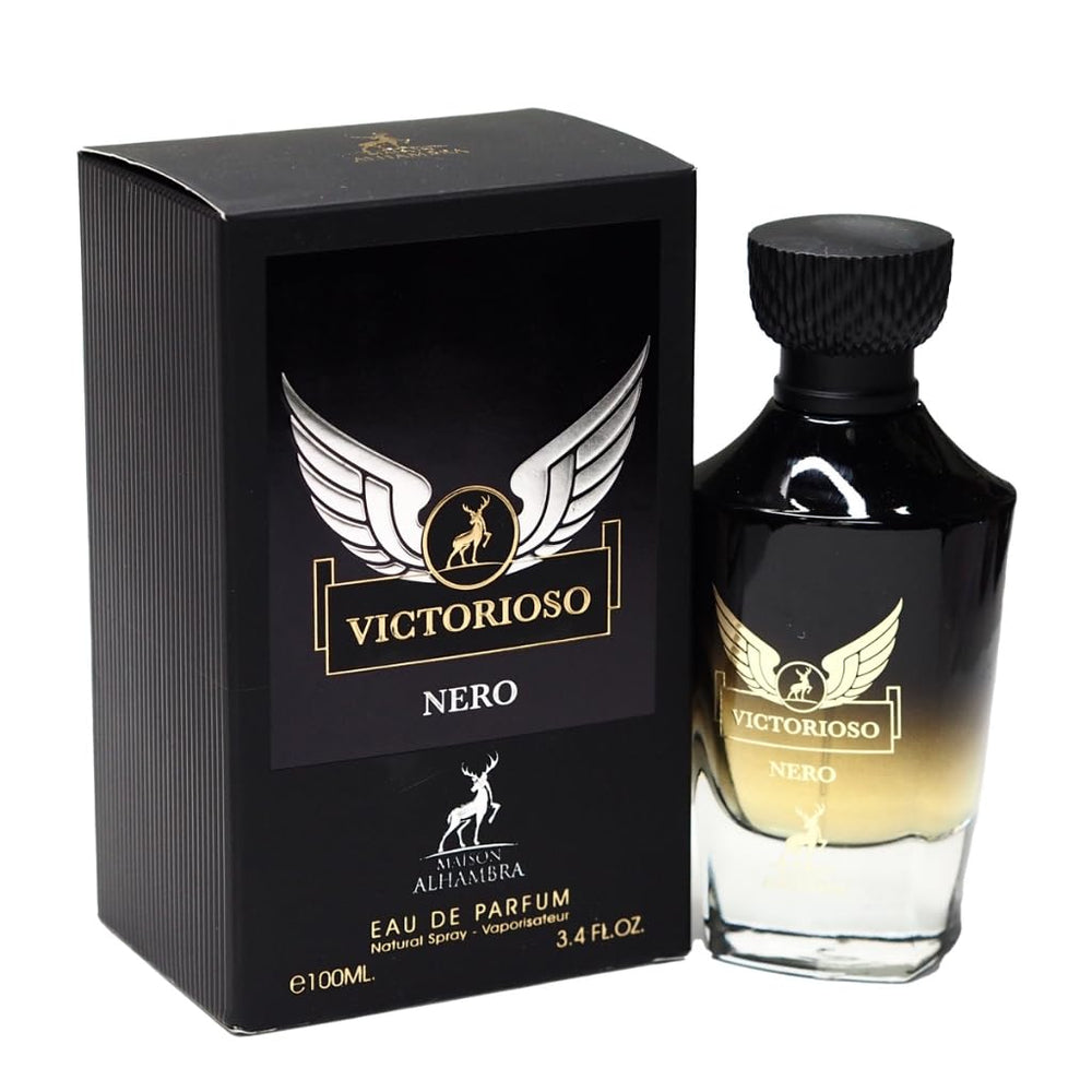 Maison Alhambra Victorioso Nero EDP bottle close-up, ideal for evening wear and confident presence.