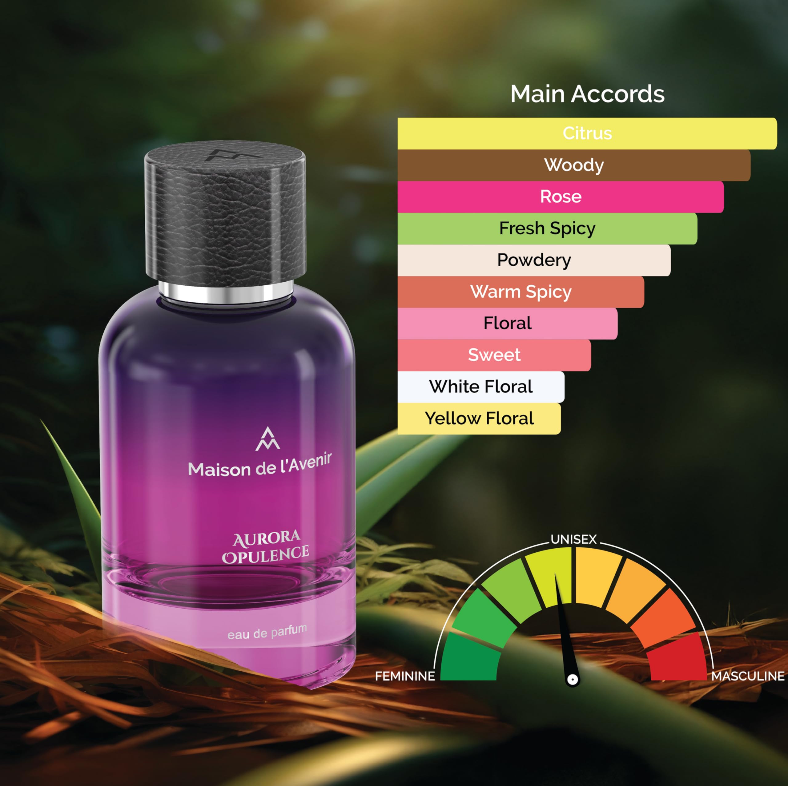 Maison de l'Avenir Aurora Opulence unisex bottle emphasizes versatile style.