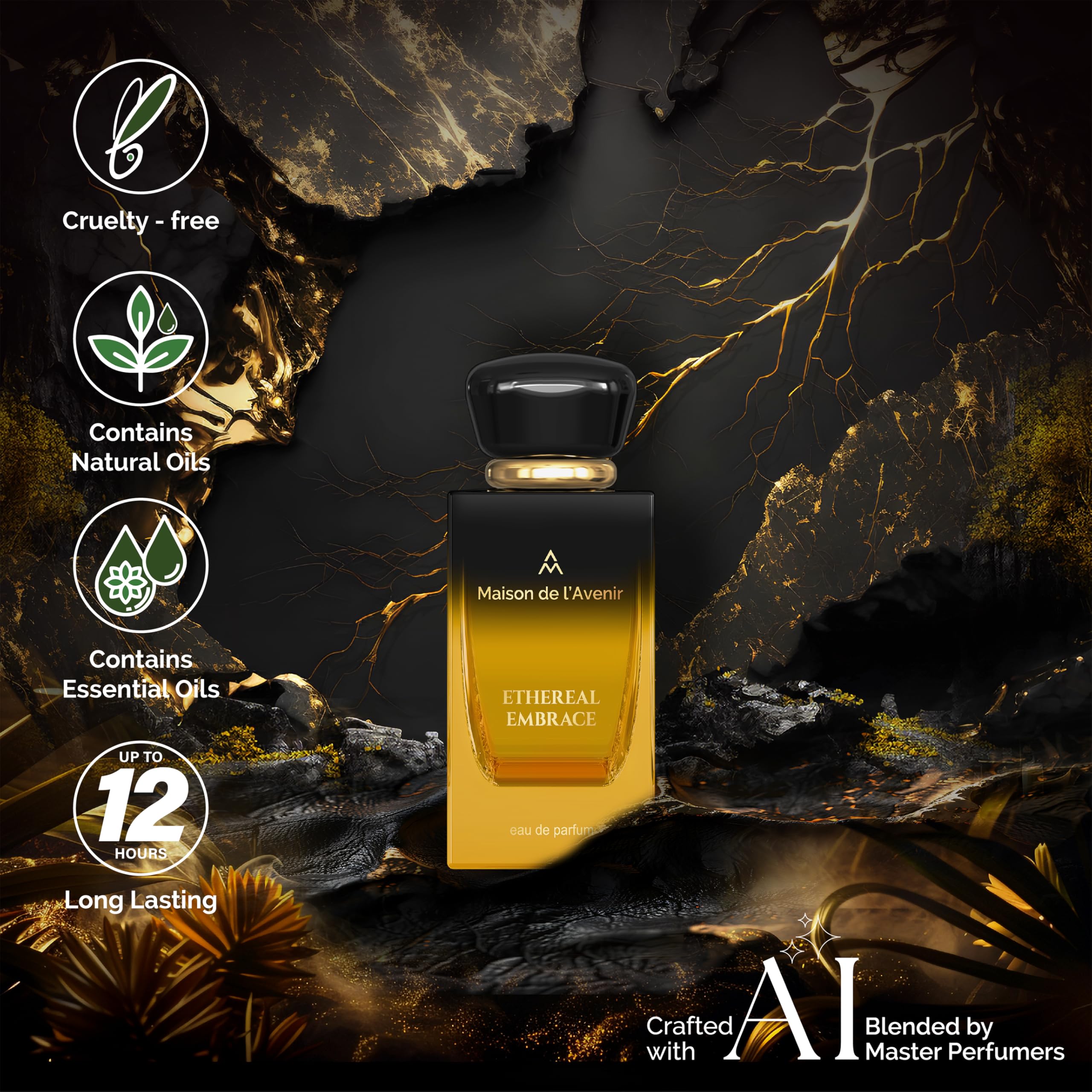 Maison de l'Avenir Ethereal Embrace bottle cap, premium finish suggesting gifting elegance.