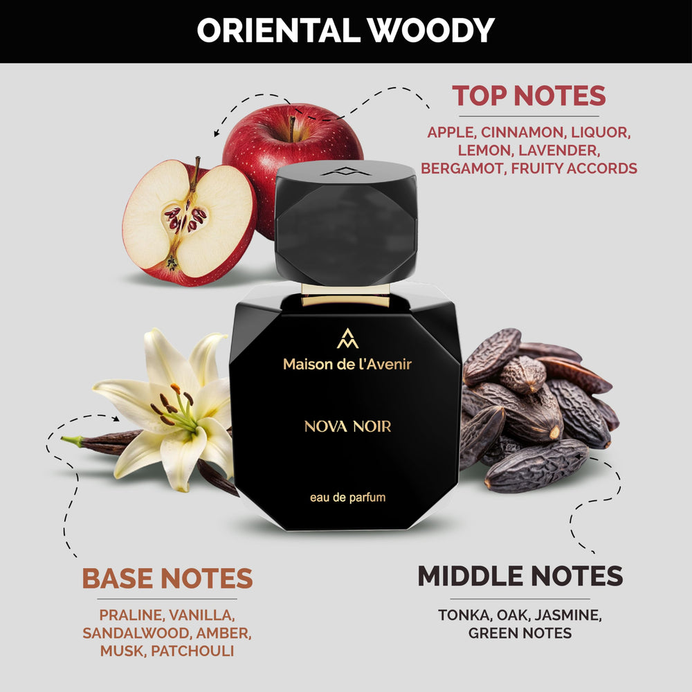 Nova Noir ingredients close-up highlights natural and essential oils for purity.