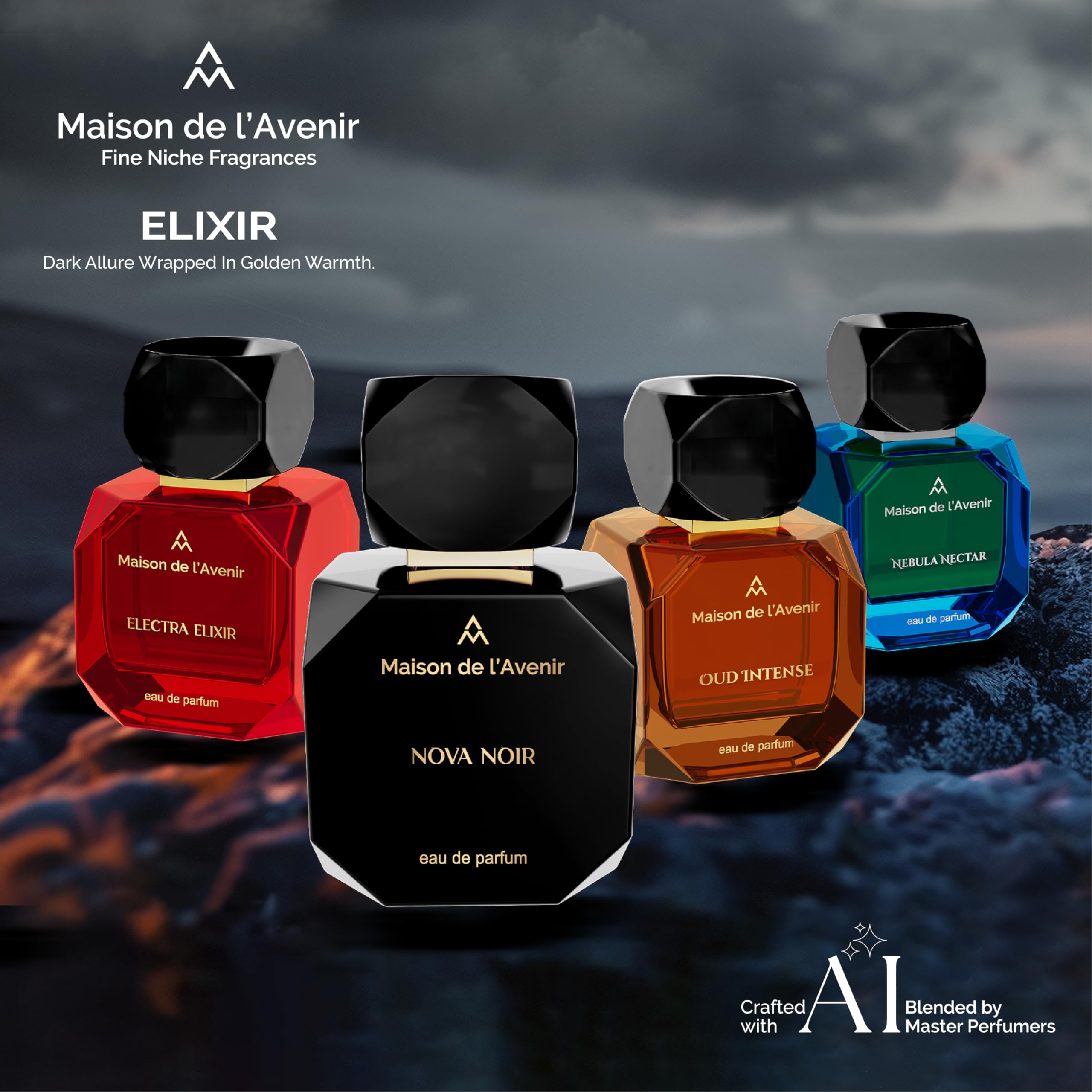 Nova Noir multi-angle shot shows bottle silhouette for versatile daily wear.