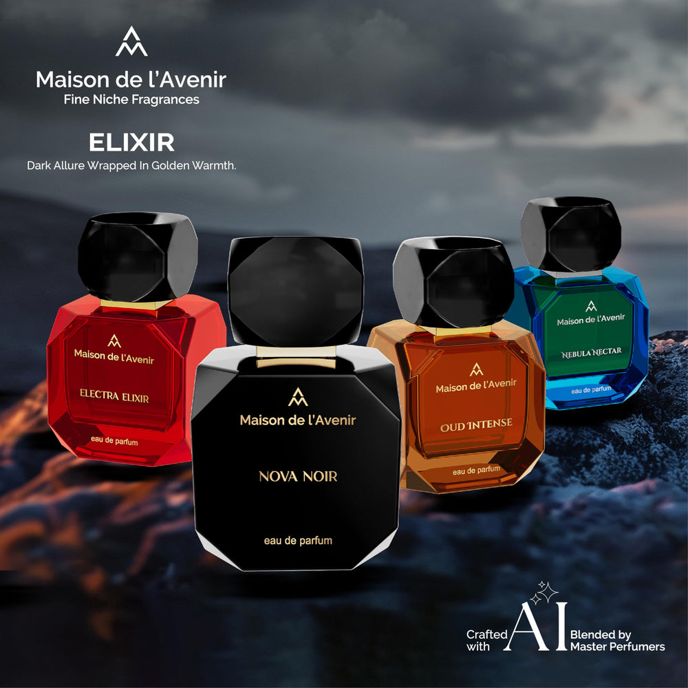 Nova Noir multi-angle shot shows bottle silhouette for versatile daily wear.