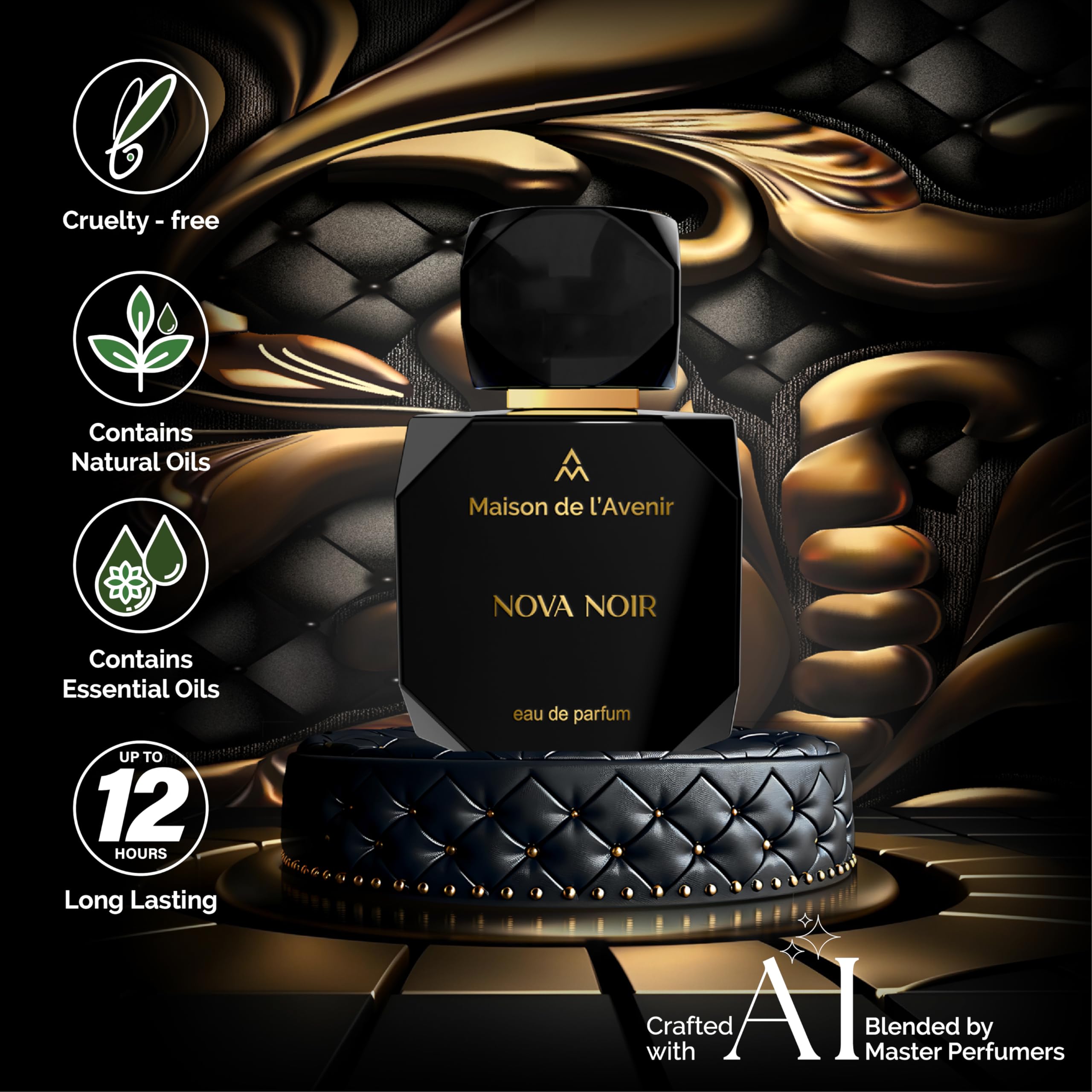 Nova Noir packaging box with jewel-toned finish evokes a luxury unboxing.