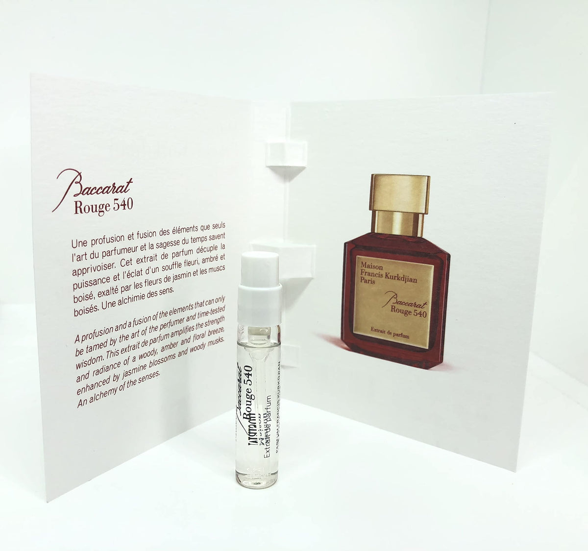 Maison Francis Kurkdjian Baccarat Rouge 540 Extrait sample vial for on-the-go fragrance testing.