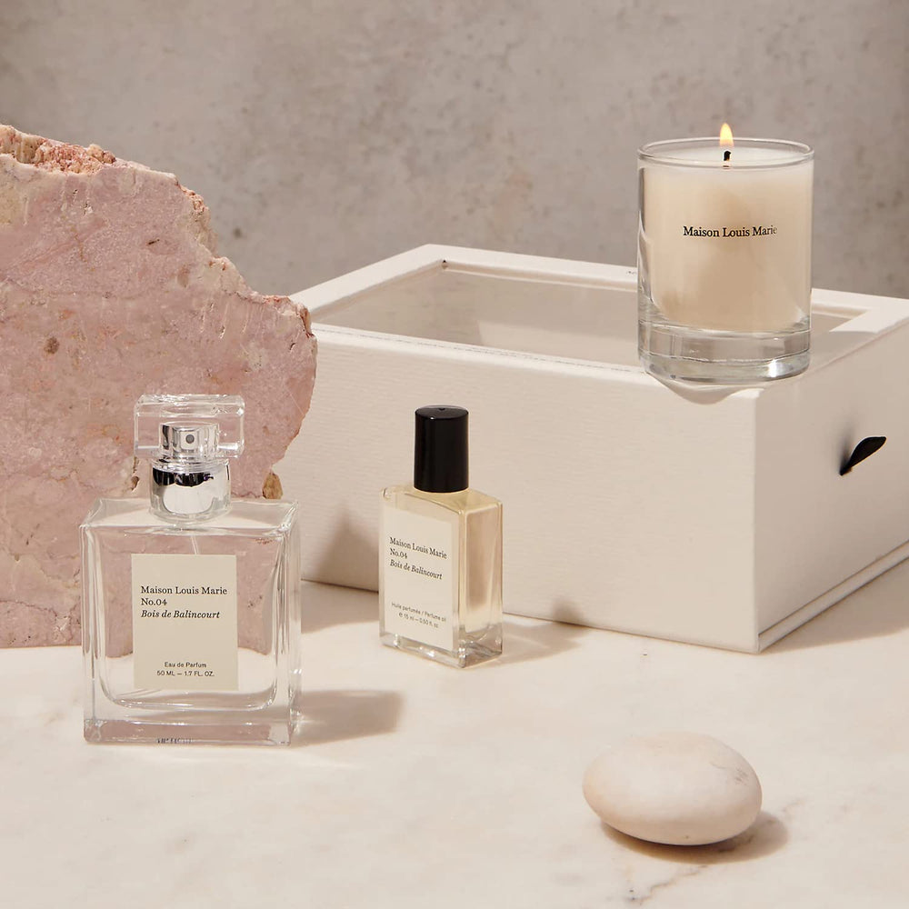 Maison Louis Marie Balincourt notes graphic highlights sandalwood, cedarwood, vetiver, and spices.