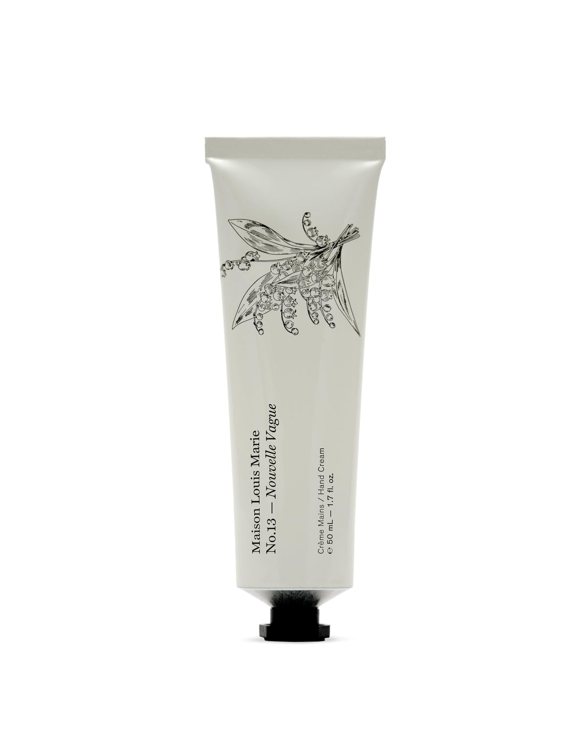 Maison Louis Marie No.13 Nouvelle Vague hand cream bottle close-up showcases luxe packaging.
