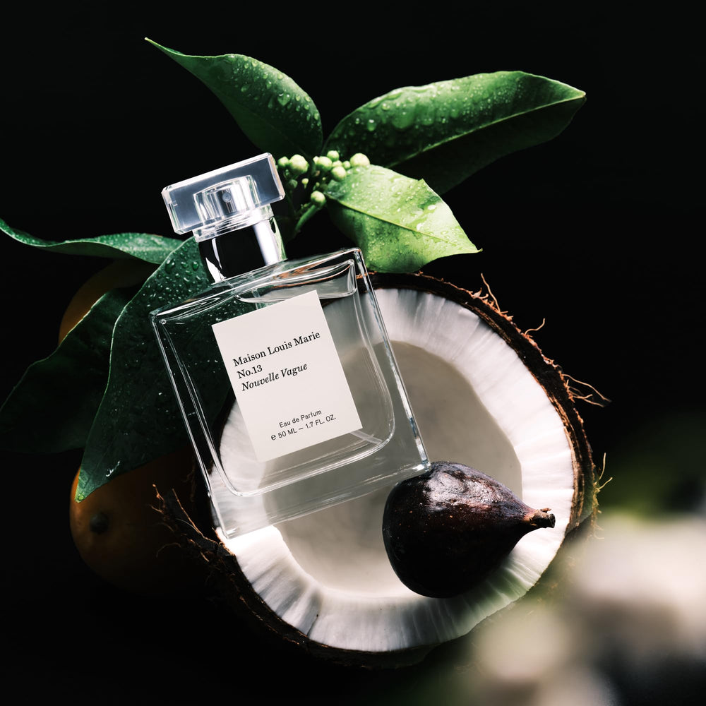 Label close-up on Maison Louis Marie No.13 Nouvelle Vague showing brand and clean design.
