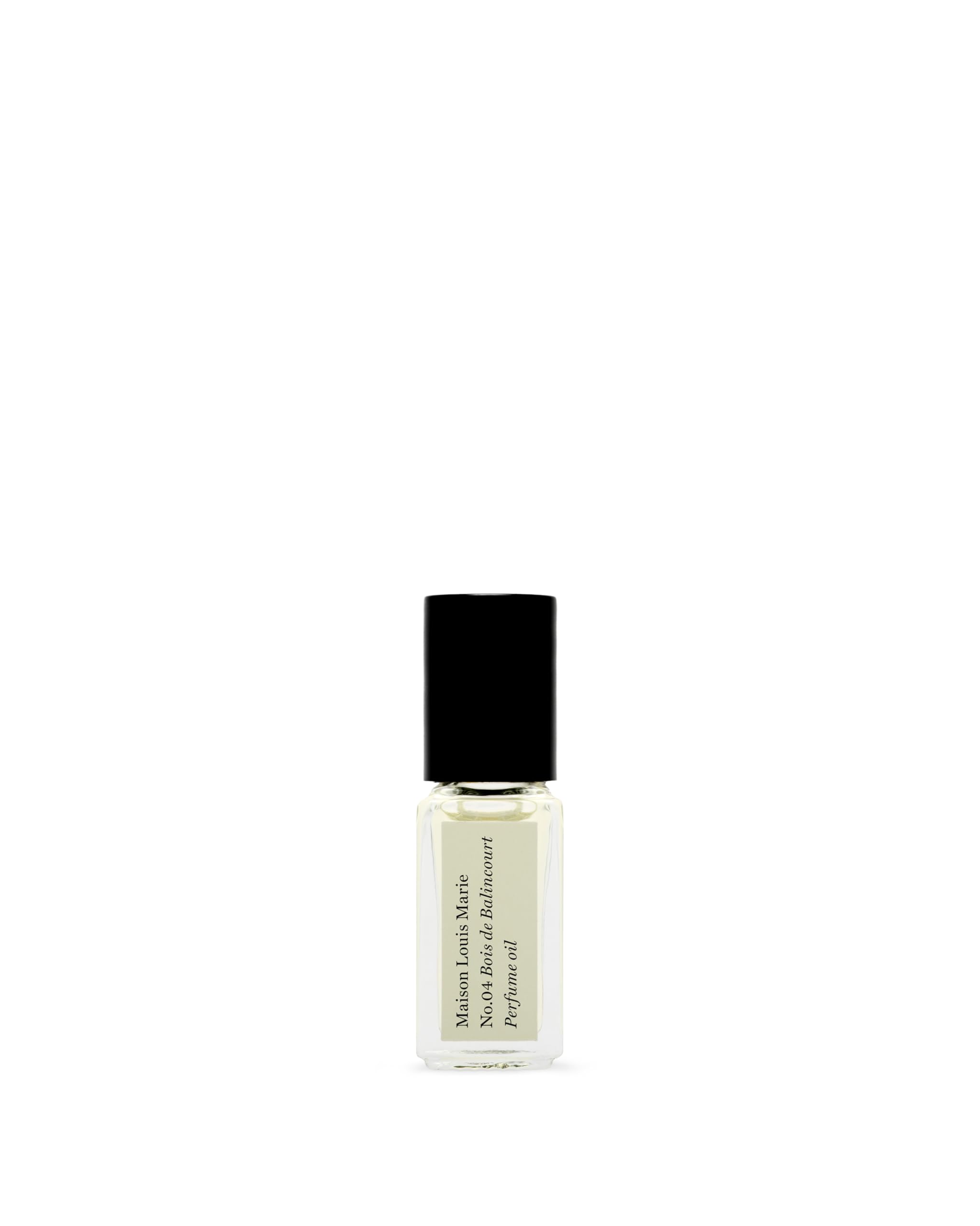 Maison Louis Marie No.04 Bois de Balincourt roll-on bottle highlighting warm woody scent.