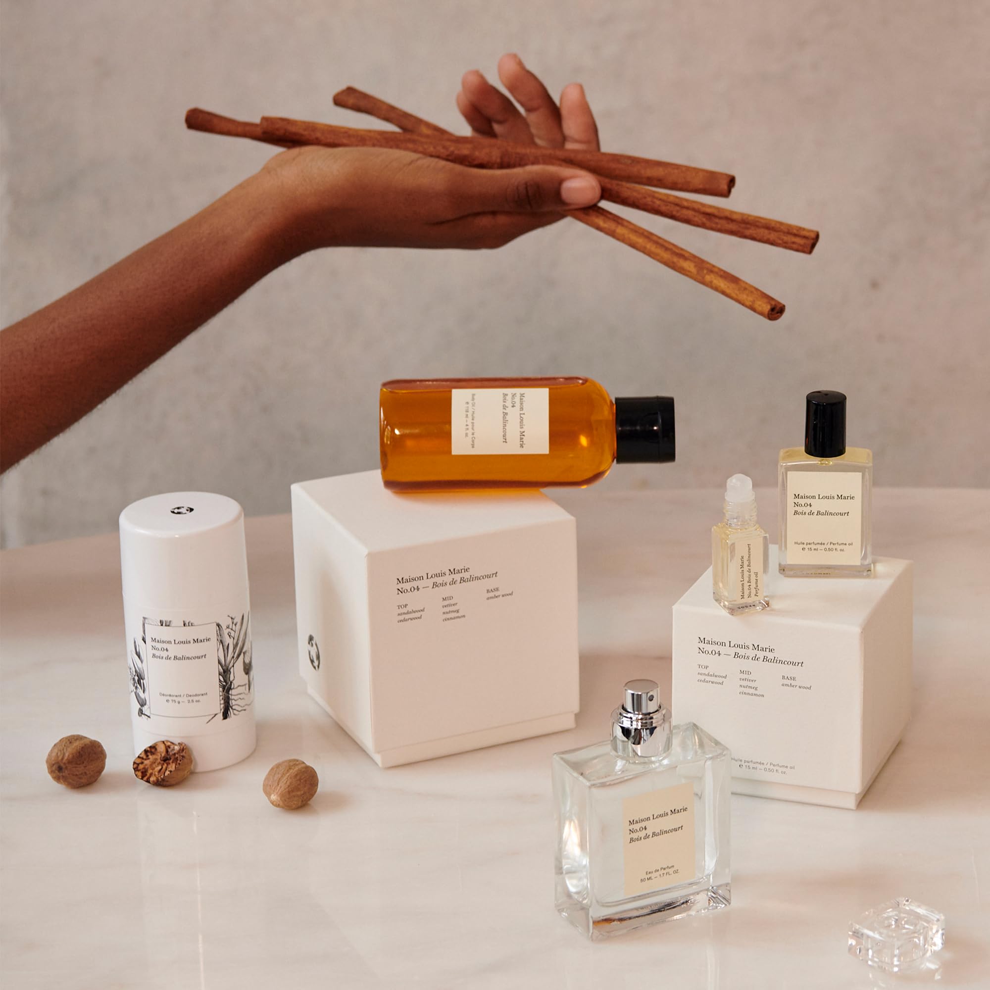 Maison Louis Marie No.04 Bois de Balincourt roll-on packaging reflects vegan cruelty-free ethos.