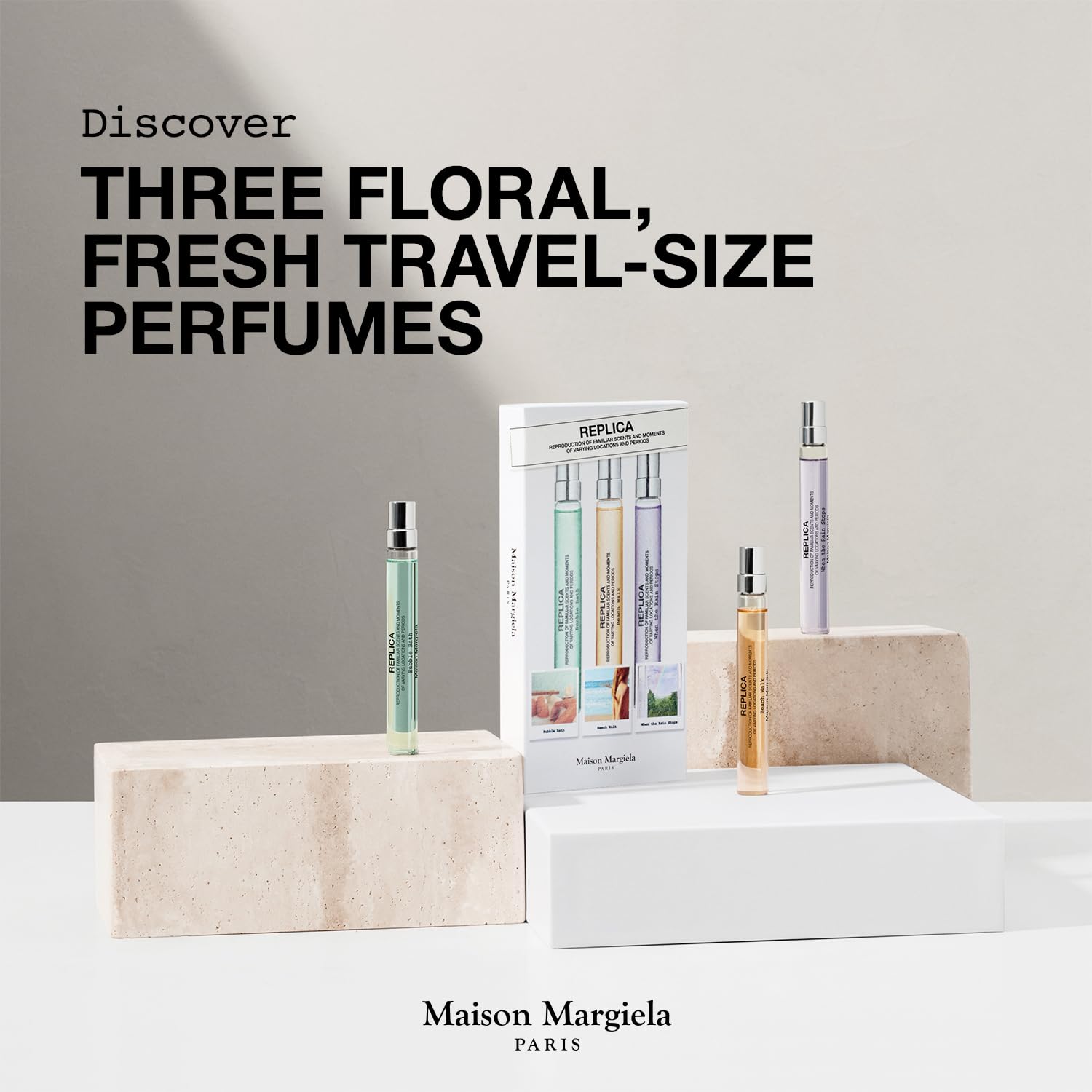 Maison Margiela Replica mini bottles arranged for versatile on the go fragrance
