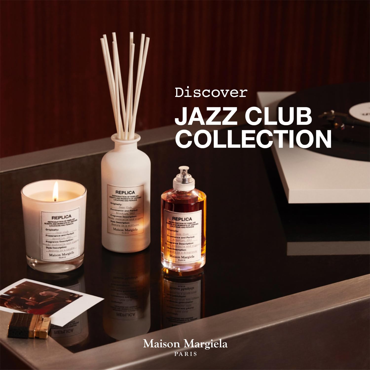 Maison Margiela Replica Jazz Club bottle beside saxophone-lit scene.