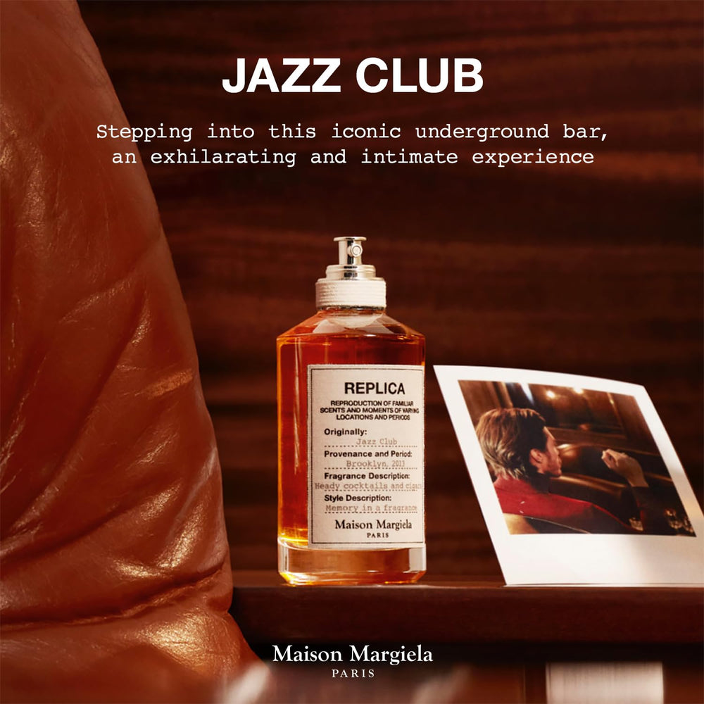 Maison Margiela Replica Jazz Club bottle with tobacco leaf detail.
