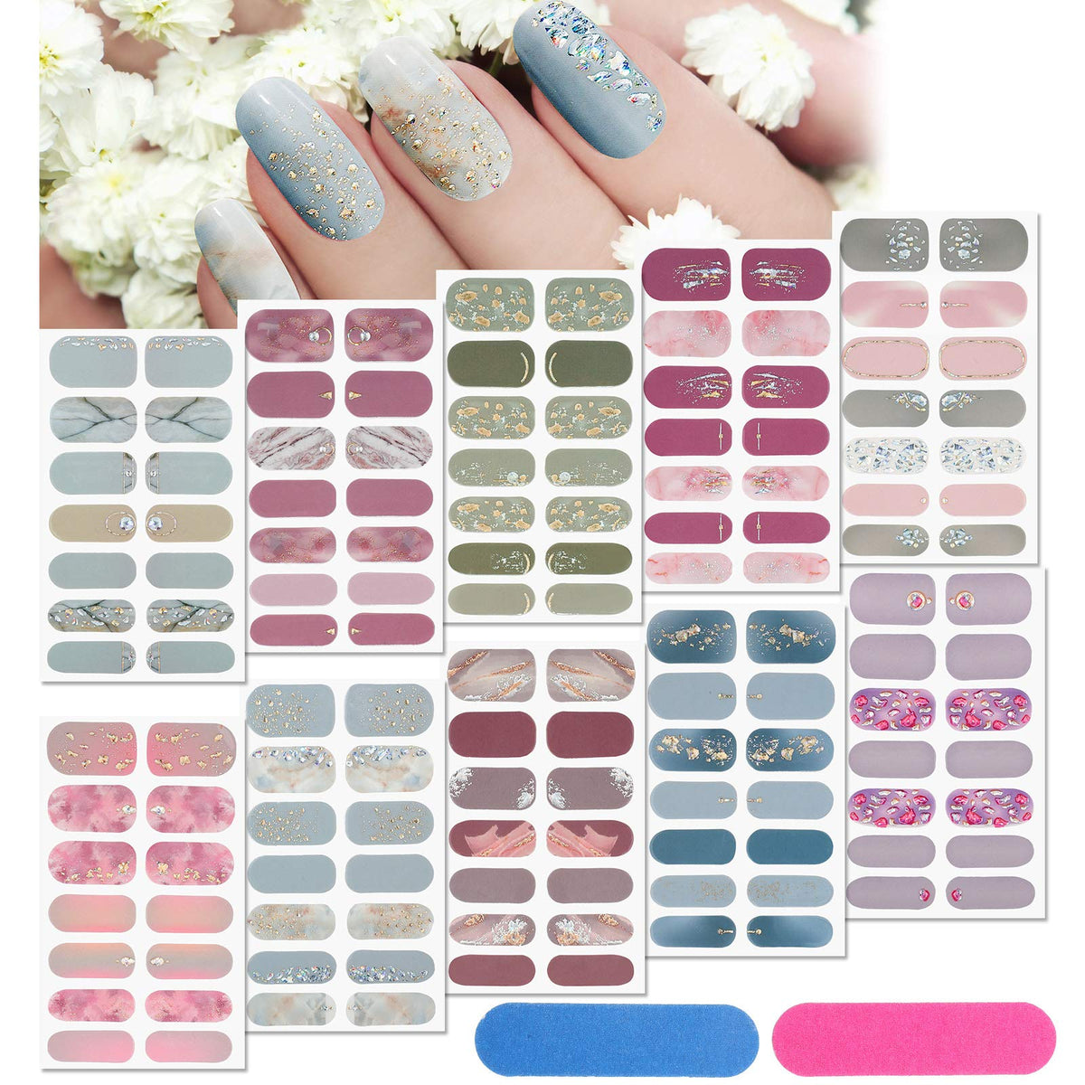 Maitys 140-pcs full wrap nail stickers pack with varied designs for quick at-home manicures