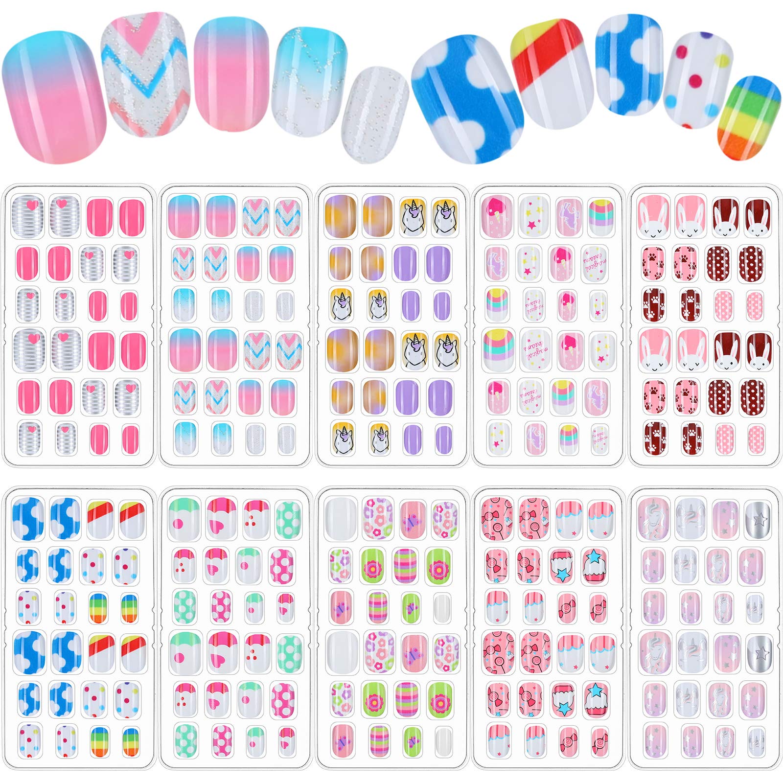 Maitys 240 Pcs children nails with unicorn patterns for playful nail art at home.