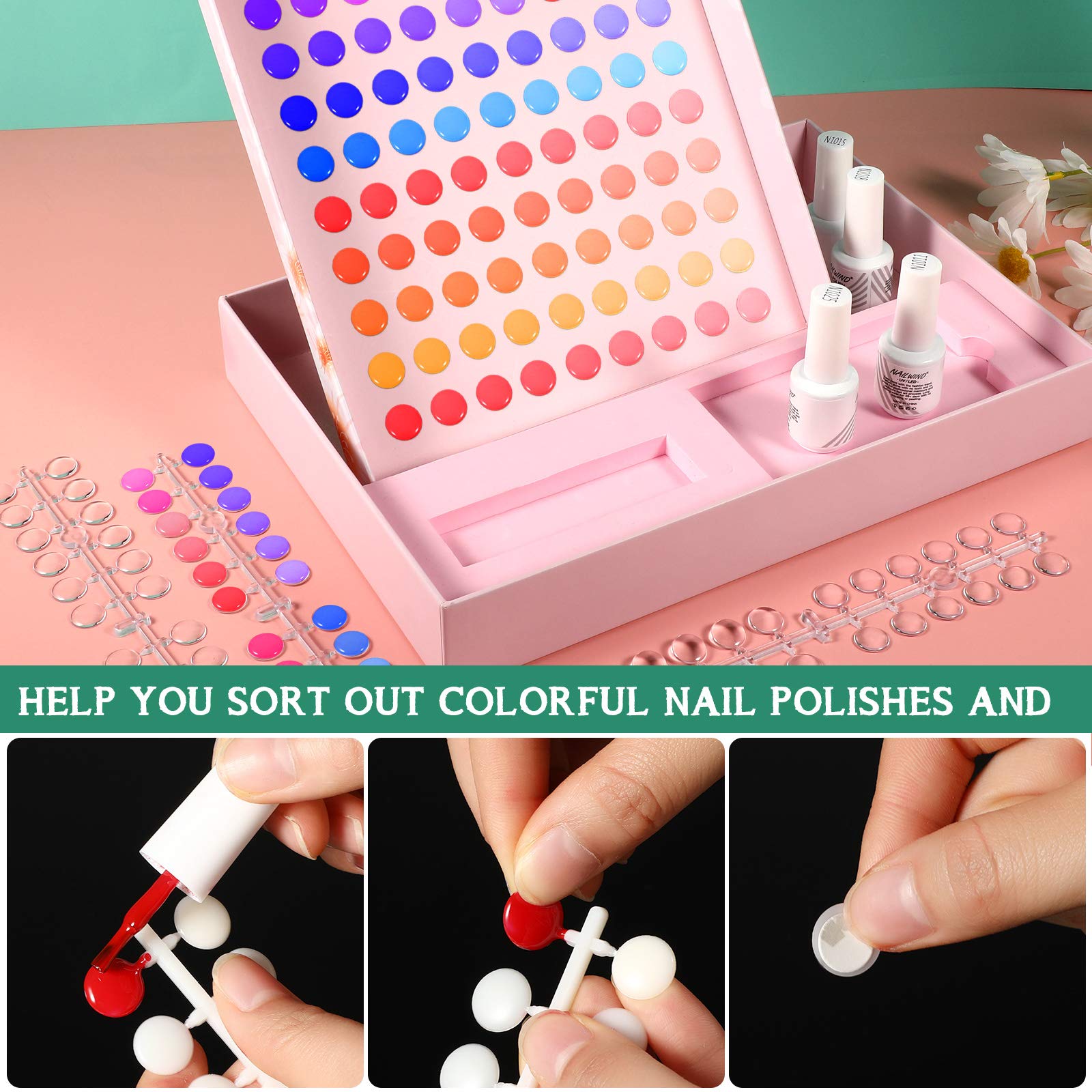 Maitys color chart with nails showcasing finishes for salon demos