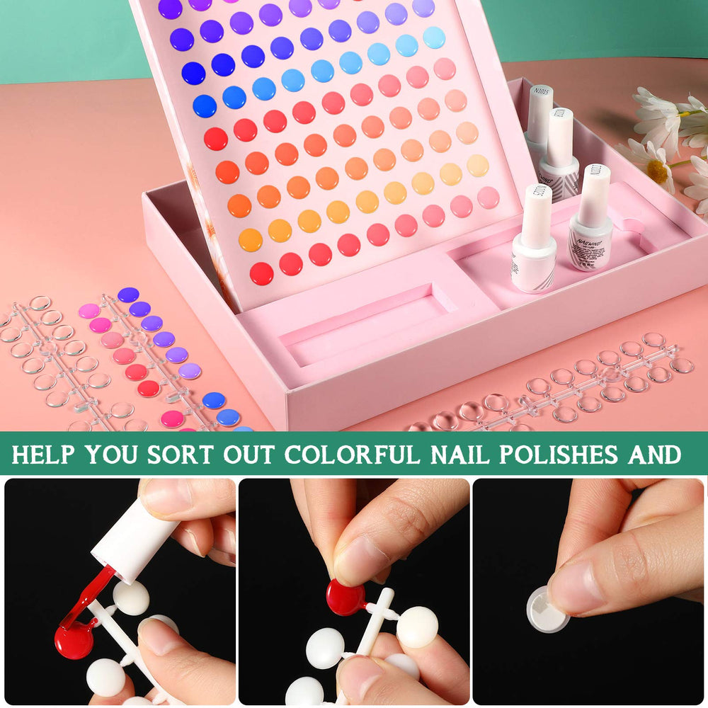 Maitys color chart with nails showcasing finishes for salon demos