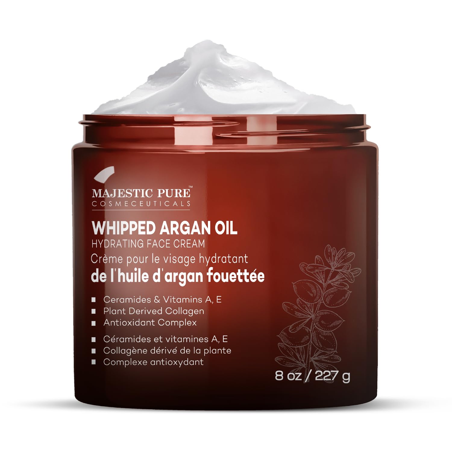 Majestic Pure Whipped Argan Oil Face Cream jar closeup highlights creamy texture for daily moisture.