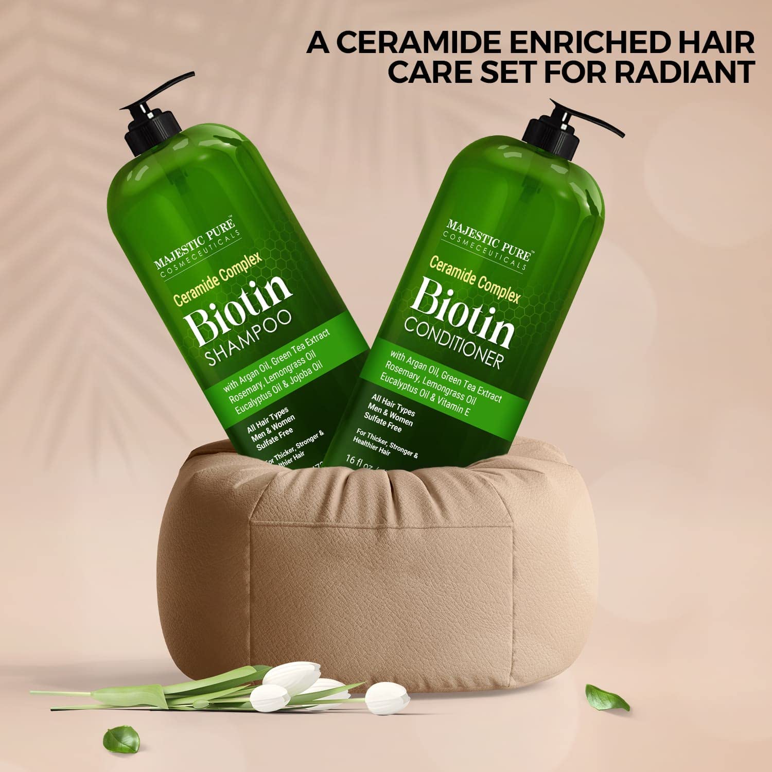 Majestic Pure Biotin Conditioner image shows rosemary oil drop for scalp nourishment