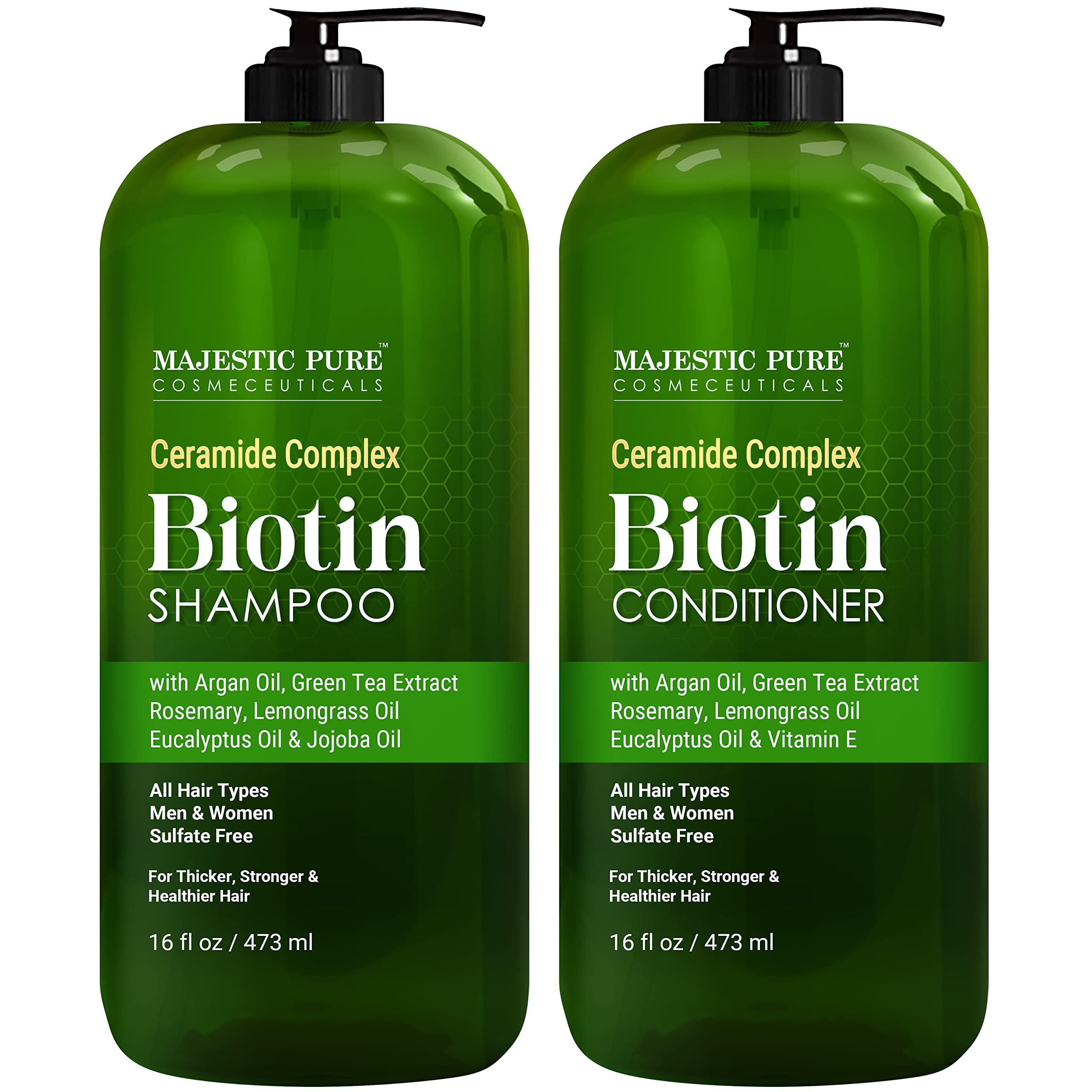 Majestic Pure Biotin Shampoo Set bottle front highlights sulfate-free formula for thicker hair