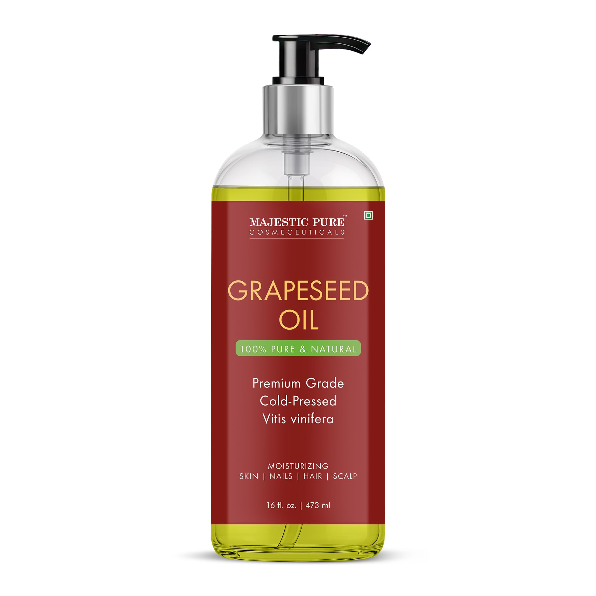 Majestic Pure Grapeseed Oil bottle 16 oz for skin hydration and hair softness.