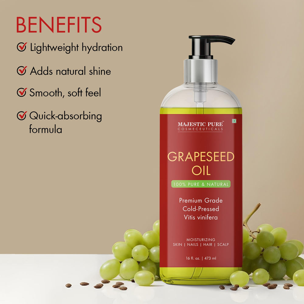 Majestic Pure Grapeseed Oil face-care-routine hydrates skin without heaviness.