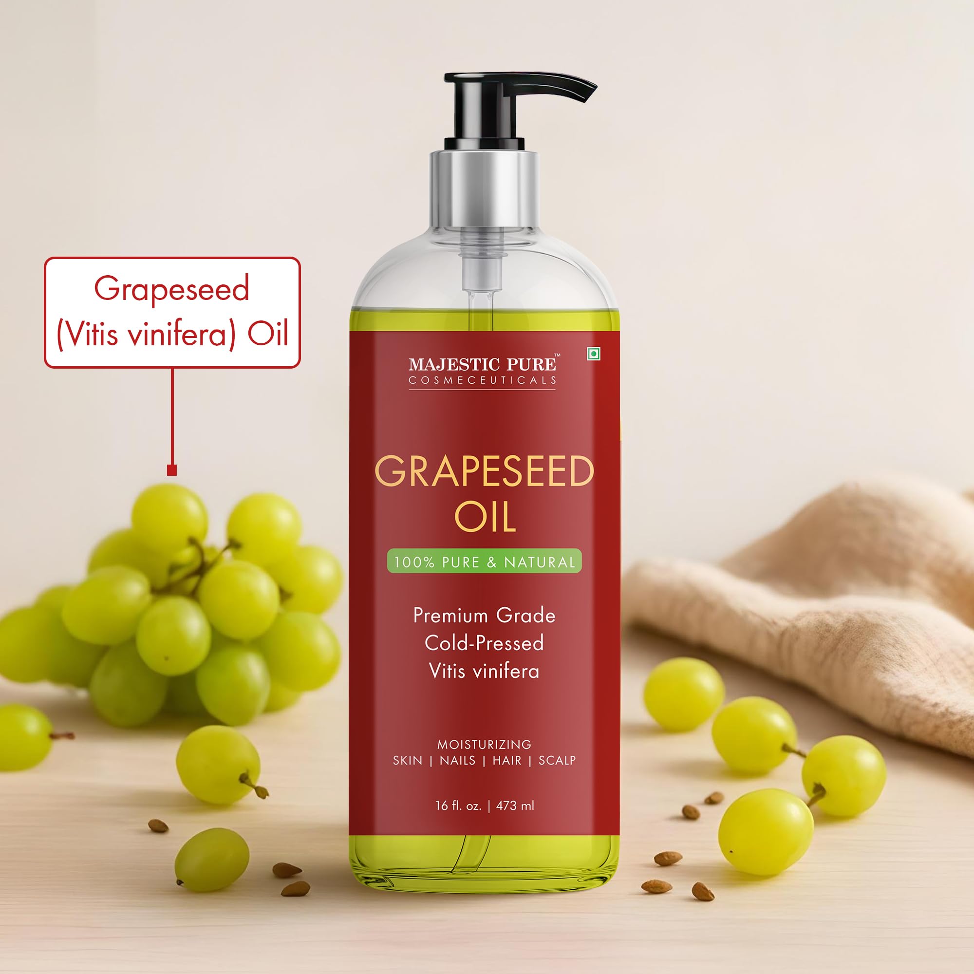 Majestic Pure Grapeseed Oil hair-care-application smooths hair and adds natural shine.