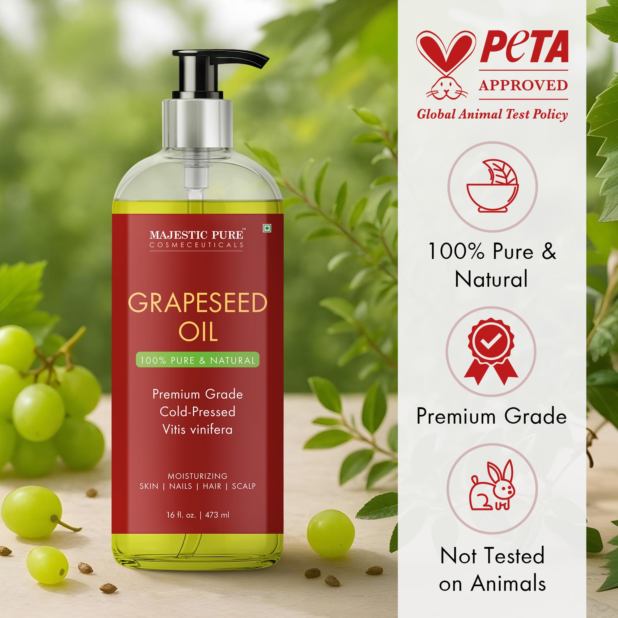 Majestic Pure Grapeseed Oil skin-moisturizer nourishes dry skin with lightweight feel.