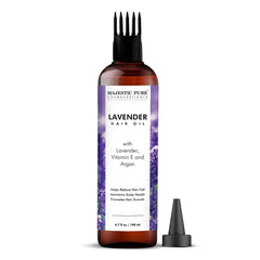 Majestic Pure Lavender Oil bottle shows a nourishing hair care formula