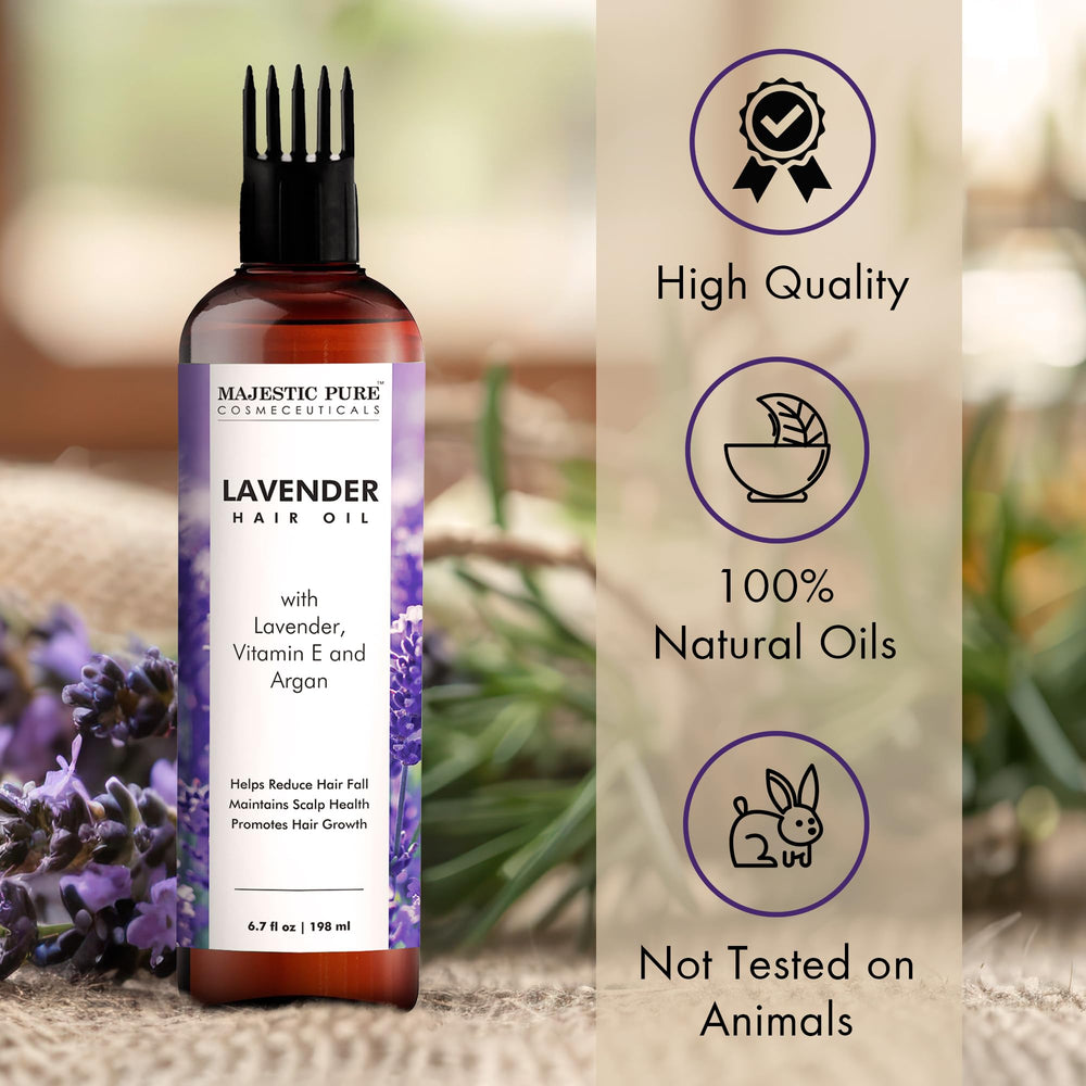 Majestic Pure Lavender Oil label closeup on premium packaging