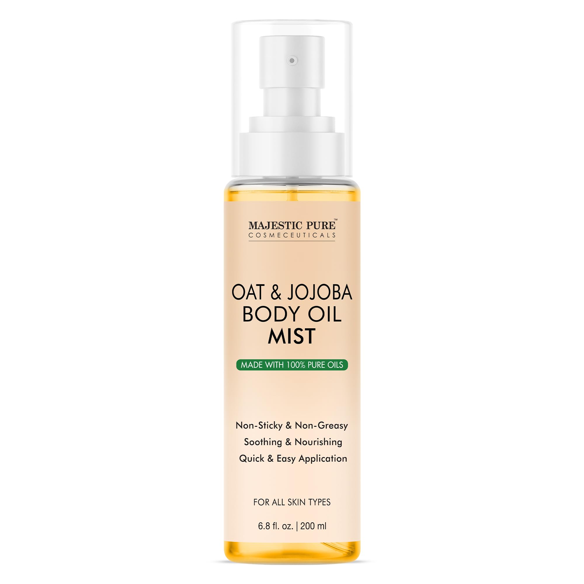 Majestic Pure Oat & Jojoba Body Mist bottle highlights pure ingredients for daily skin hydration.
