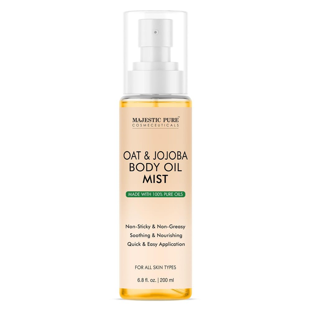 Majestic Pure Oat & Jojoba Body Mist bottle highlights pure ingredients for daily skin hydration.