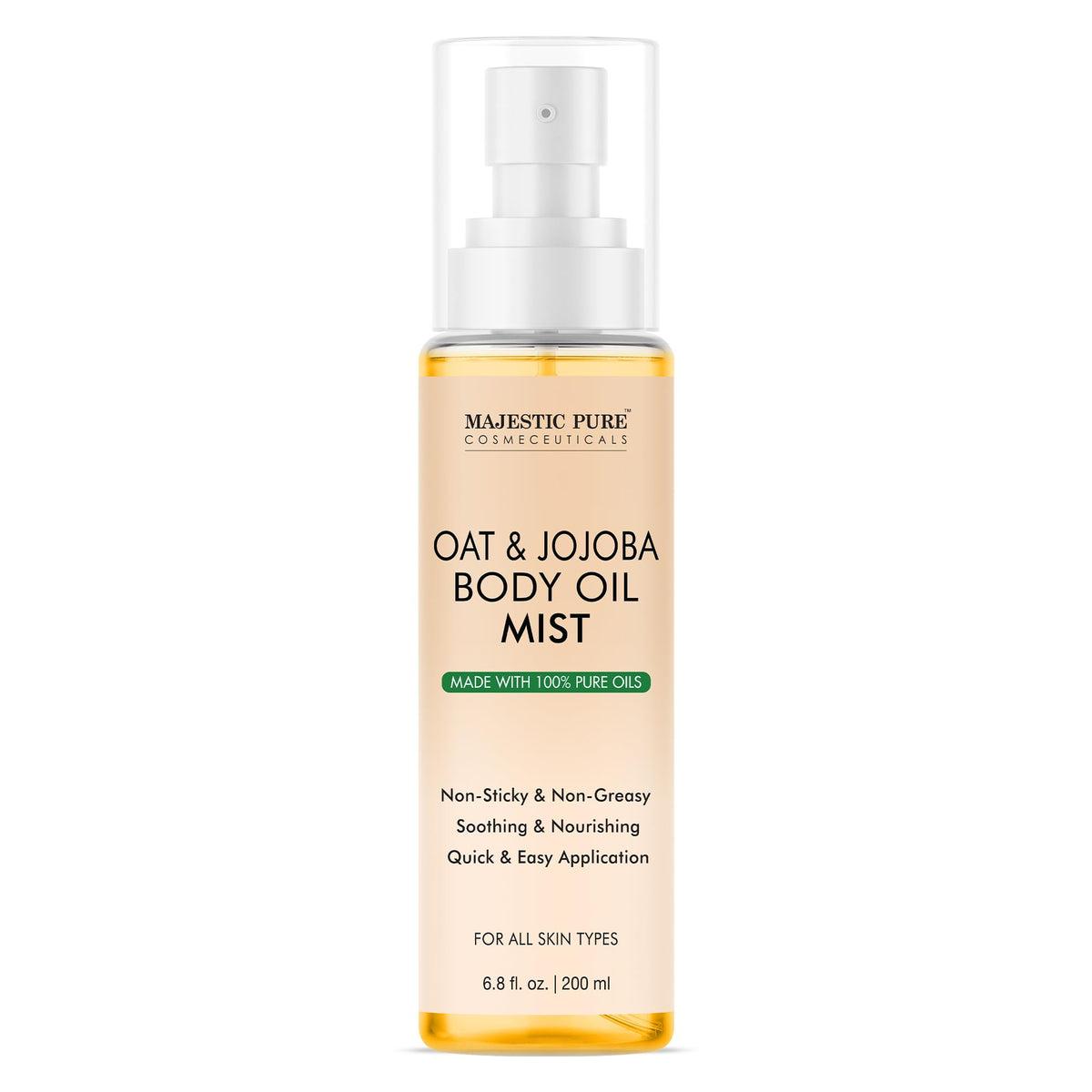 Majestic Pure Oat & Jojoba Body Mist bottle highlights pure ingredients for daily skin hydration.