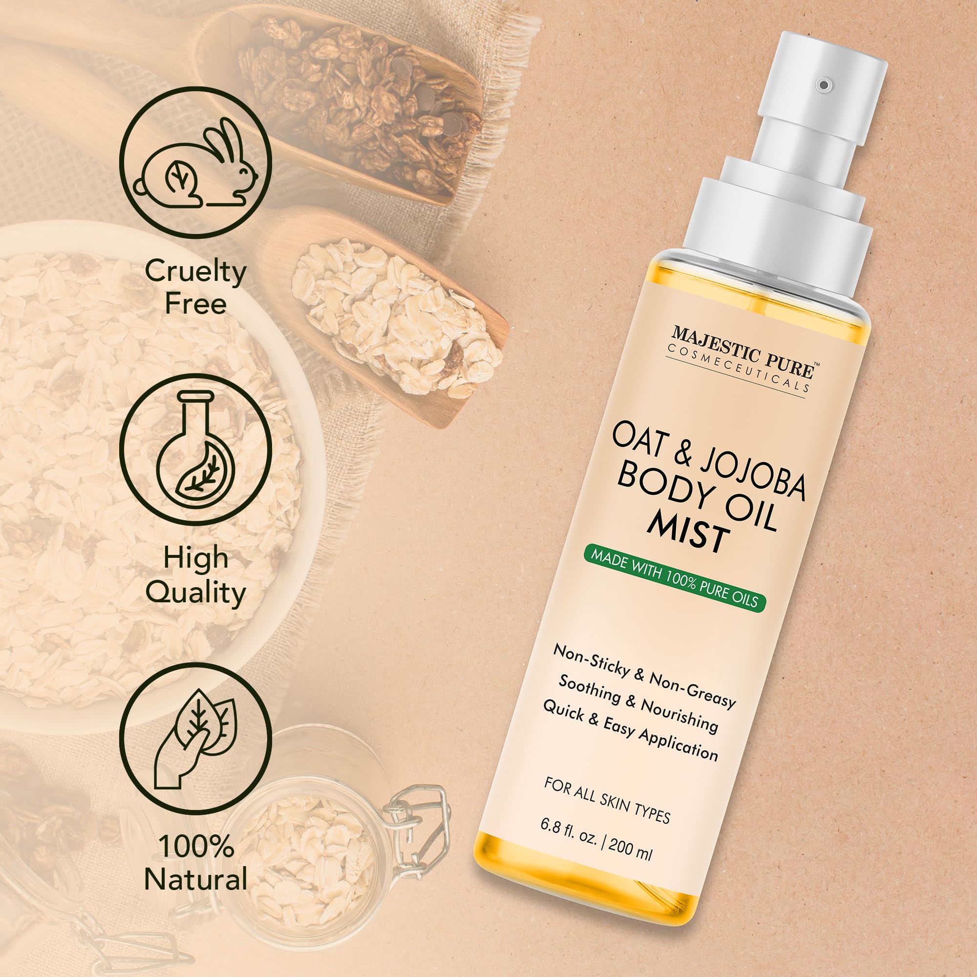 Majestic Pure bottle with ingredients hints at ethical sourcing and cruelty-free values.