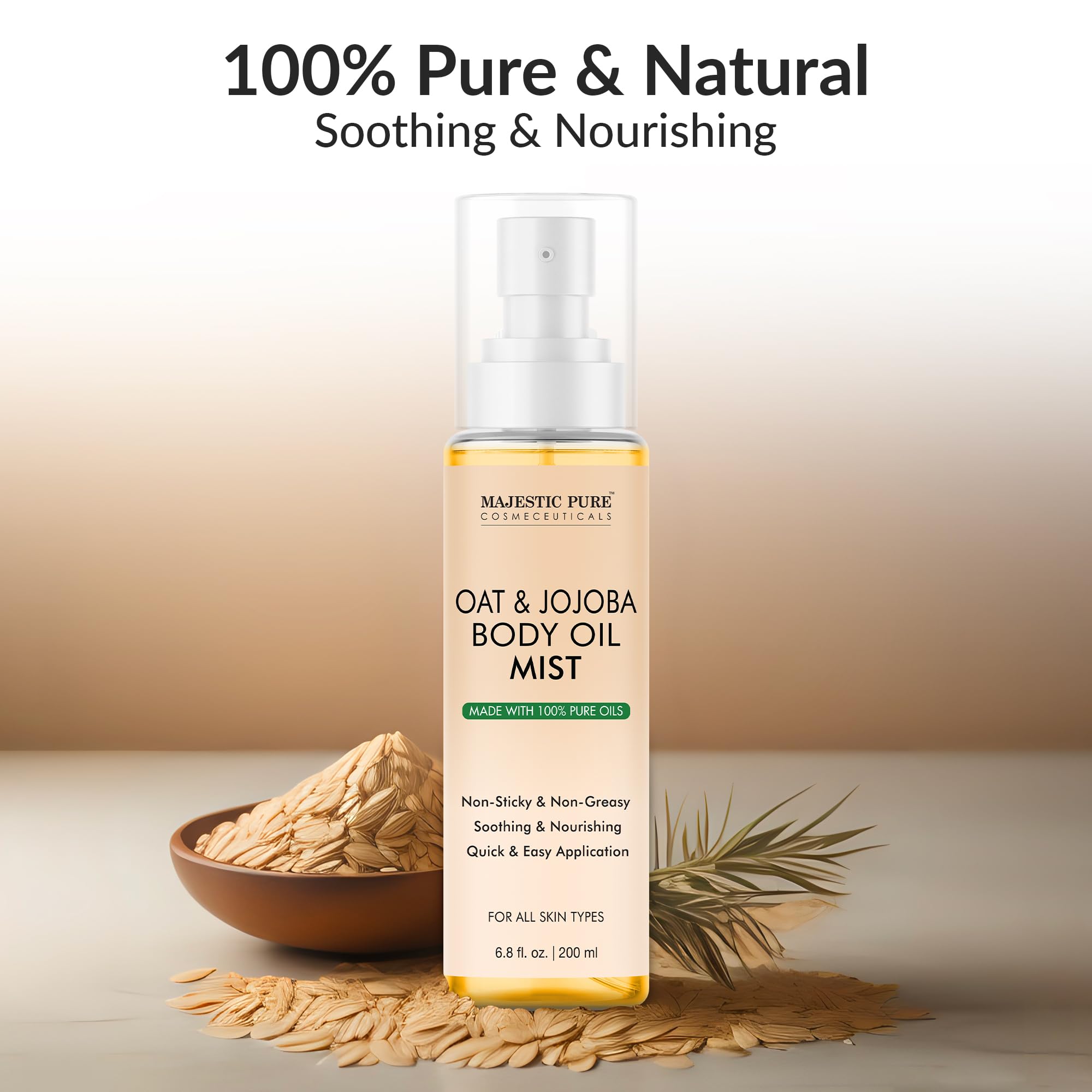 Majestic Pure Oat & Jojoba Body Mist spray demonstrates easy application and quick absorption after shower.