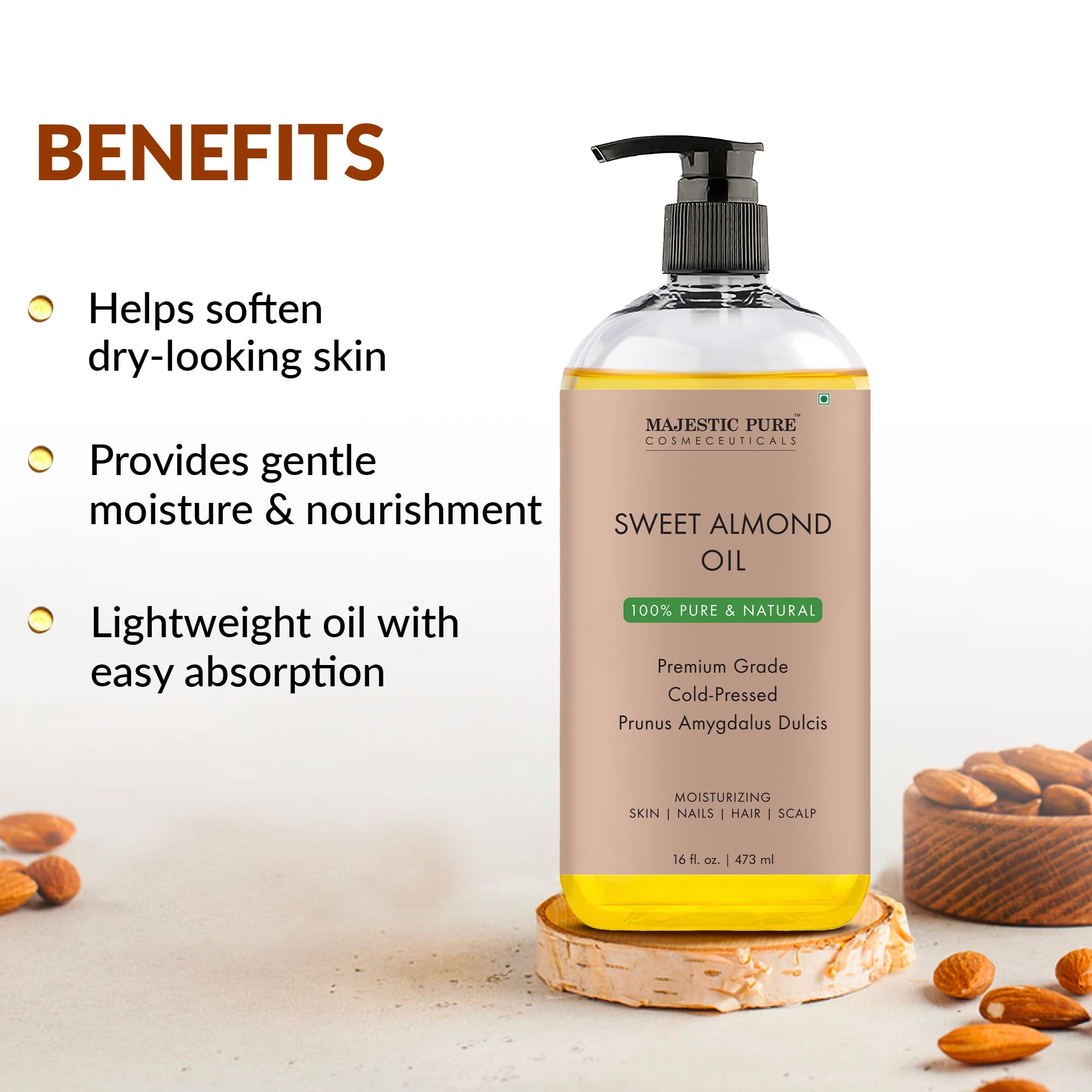 Majestic Pure Sweet Almond Oil amber bottle signals premium skin care.