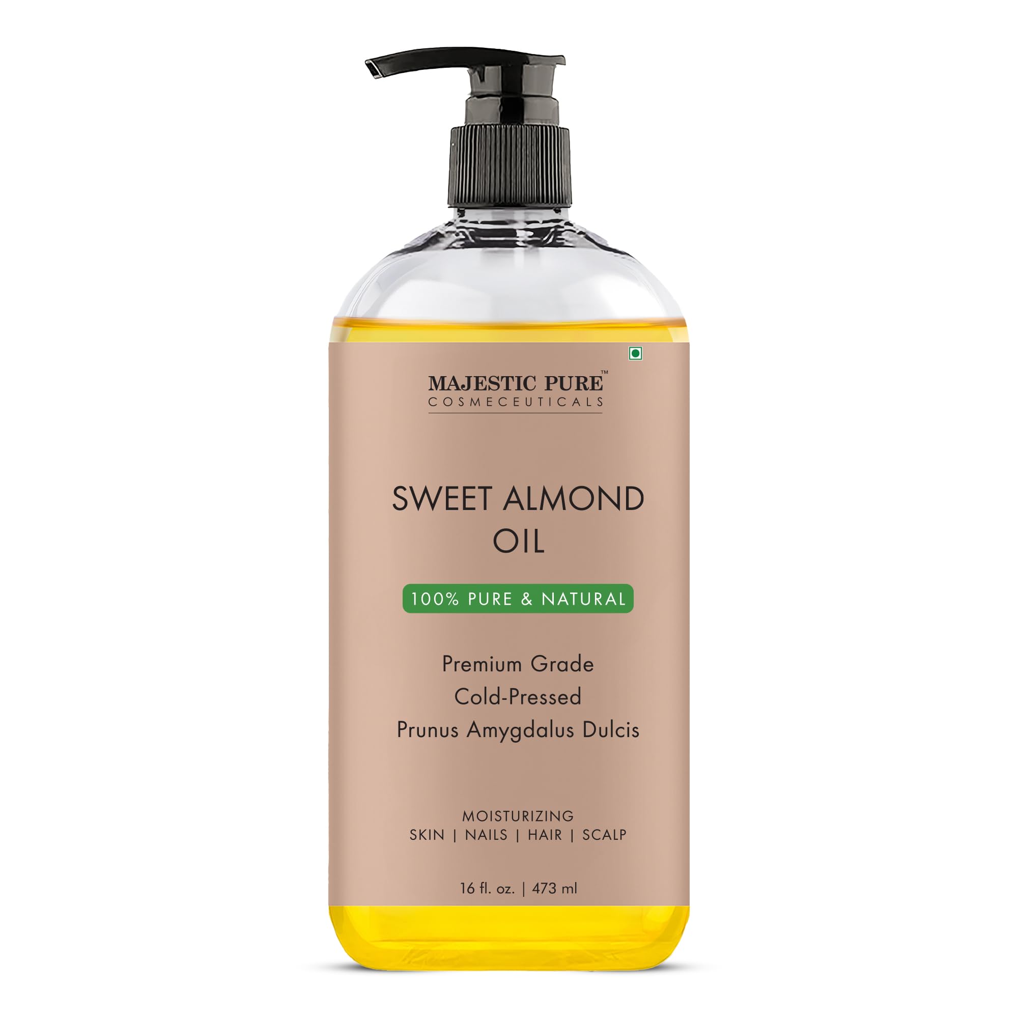 Majestic Pure Sweet Almond Oil bottle showing golden oil for skin hydration.