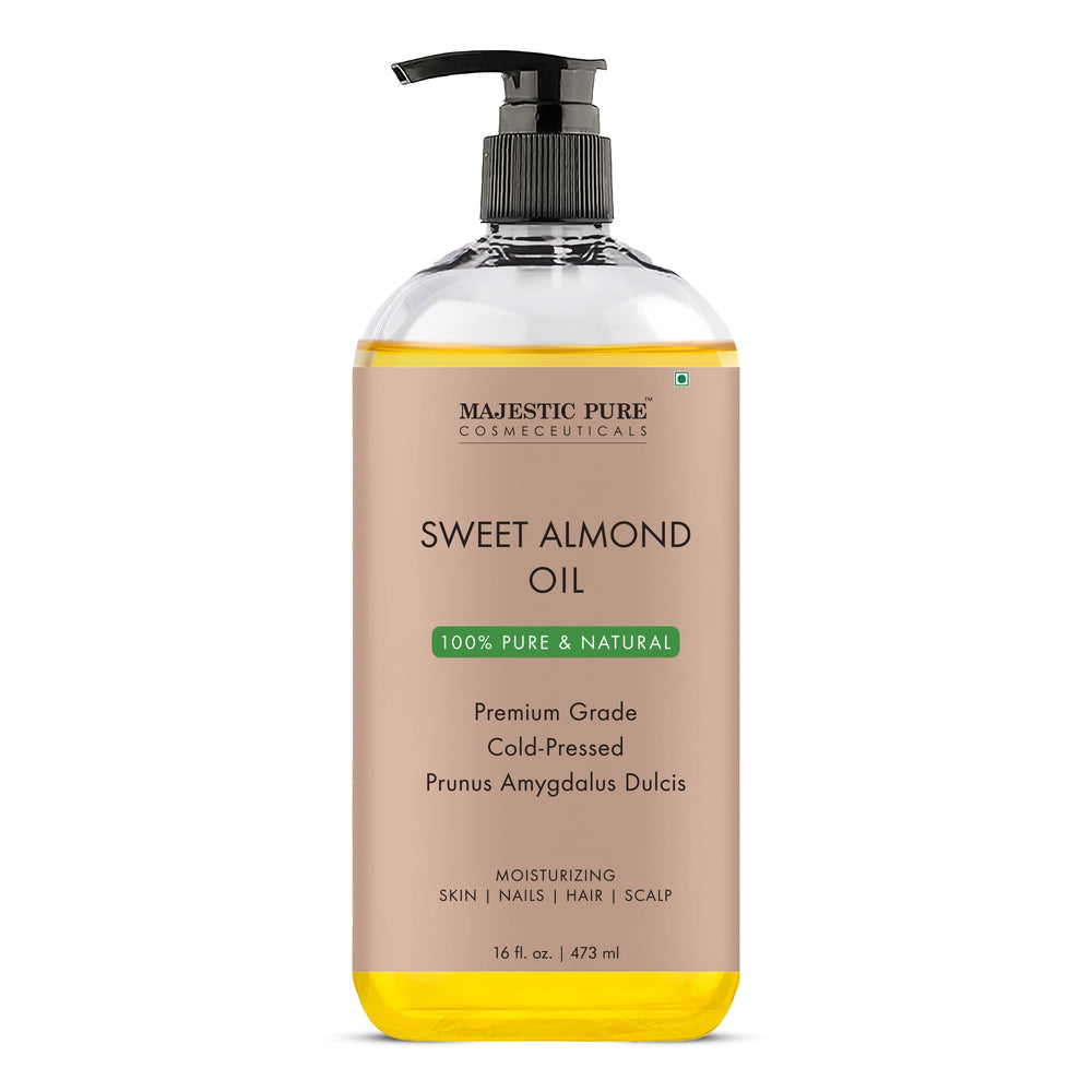 Majestic Pure Sweet Almond Oil bottle showing golden oil for skin hydration.