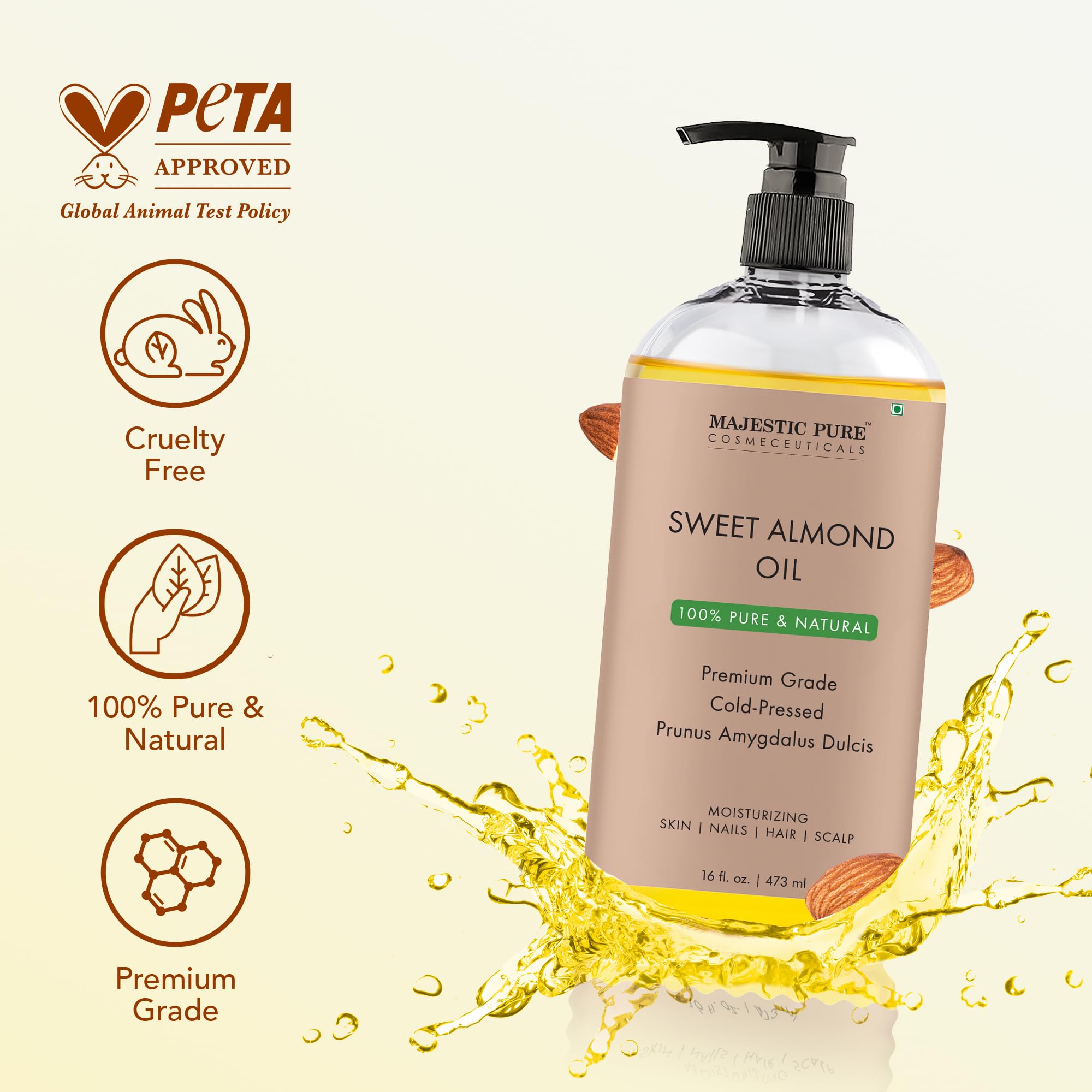 Majestic Pure Sweet Almond Oil pour demonstrates smooth texture for hair.