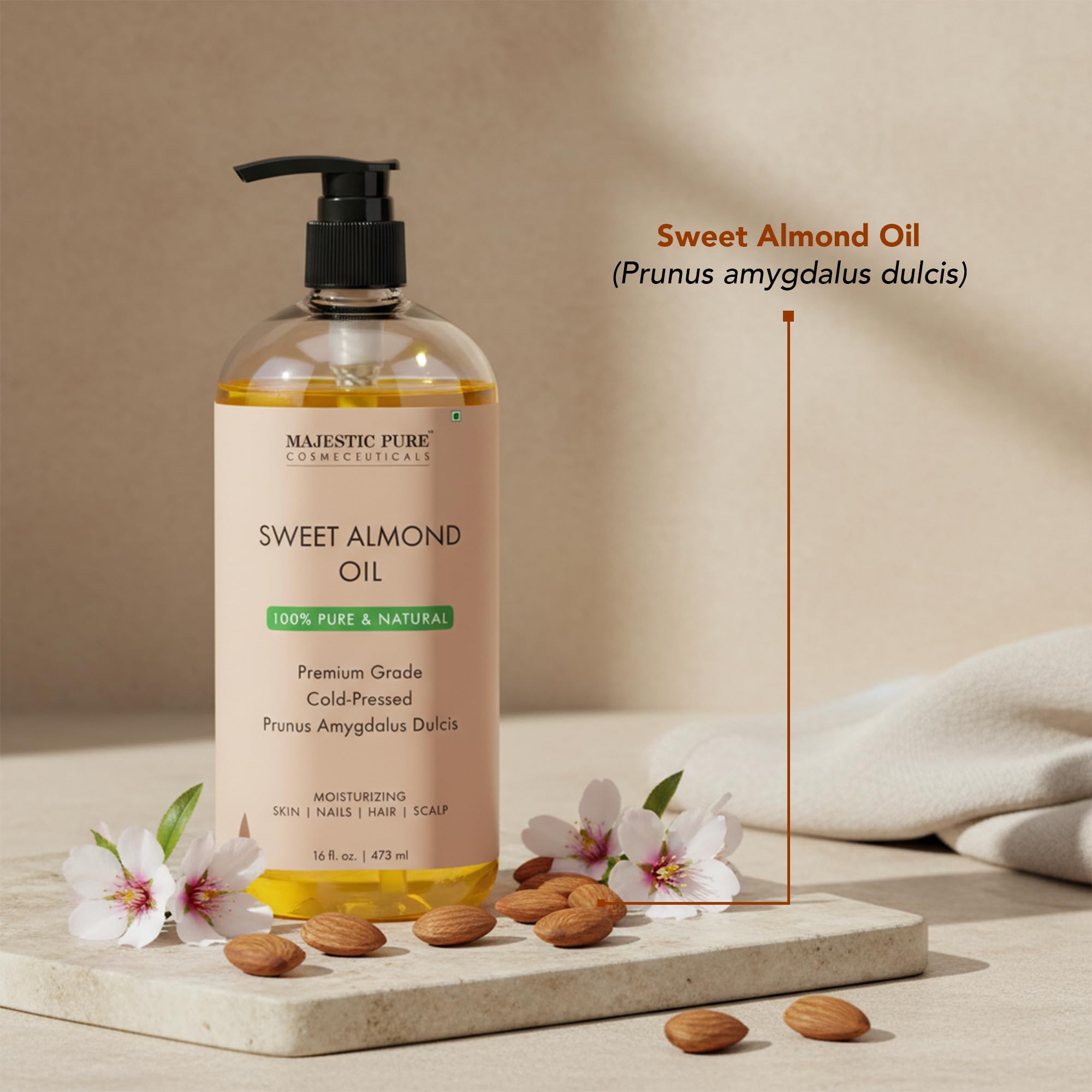 Majestic Pure Sweet Almond Oil spa setup for relaxation.