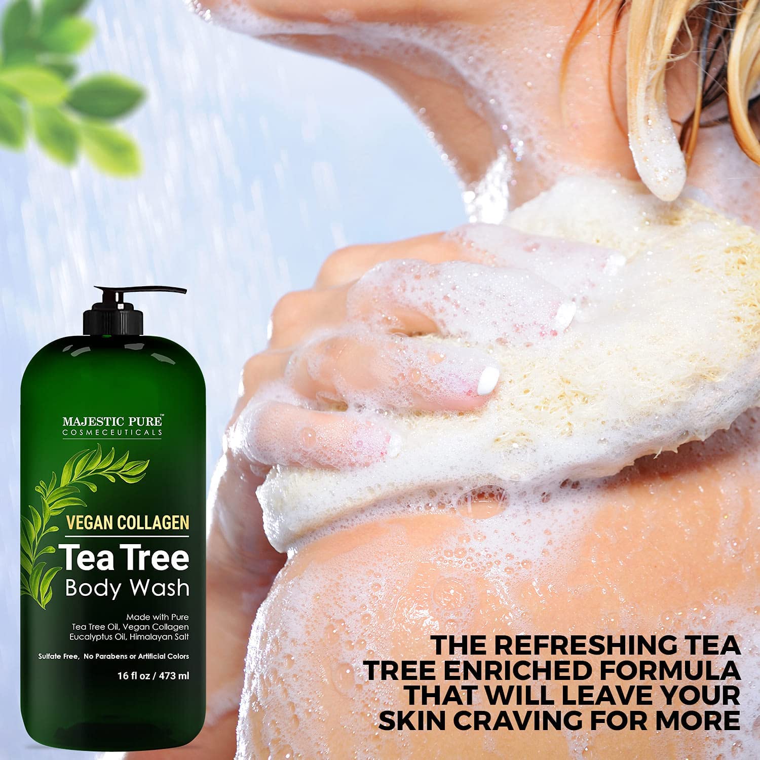 Majestic Pure Tea Tree Body Wash embossed packaging emphasizing cruelty-free formulation.
